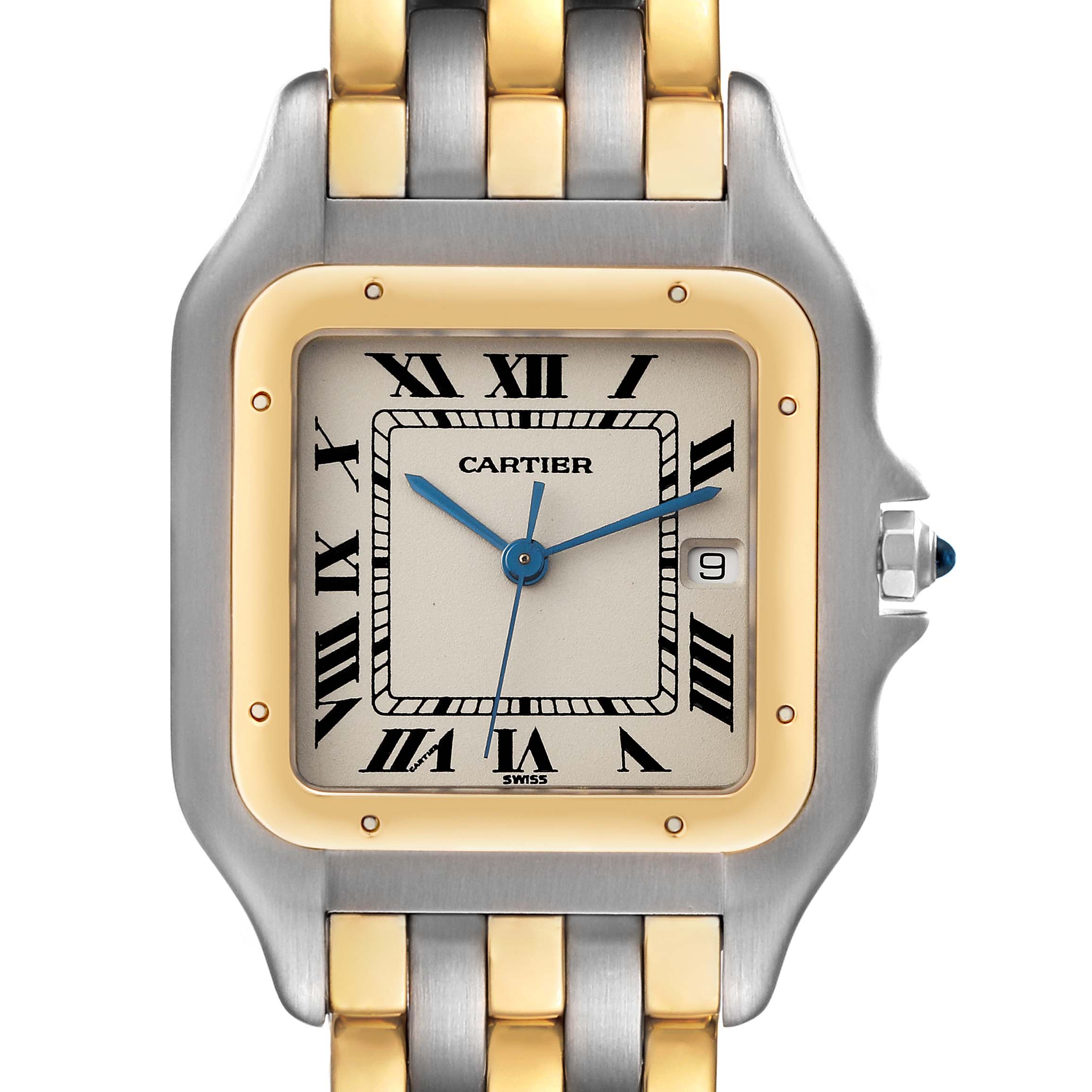 This image shows a close-up front view of the dial and part of the bracelet of a Panthère de Cartier watch by Cartier.