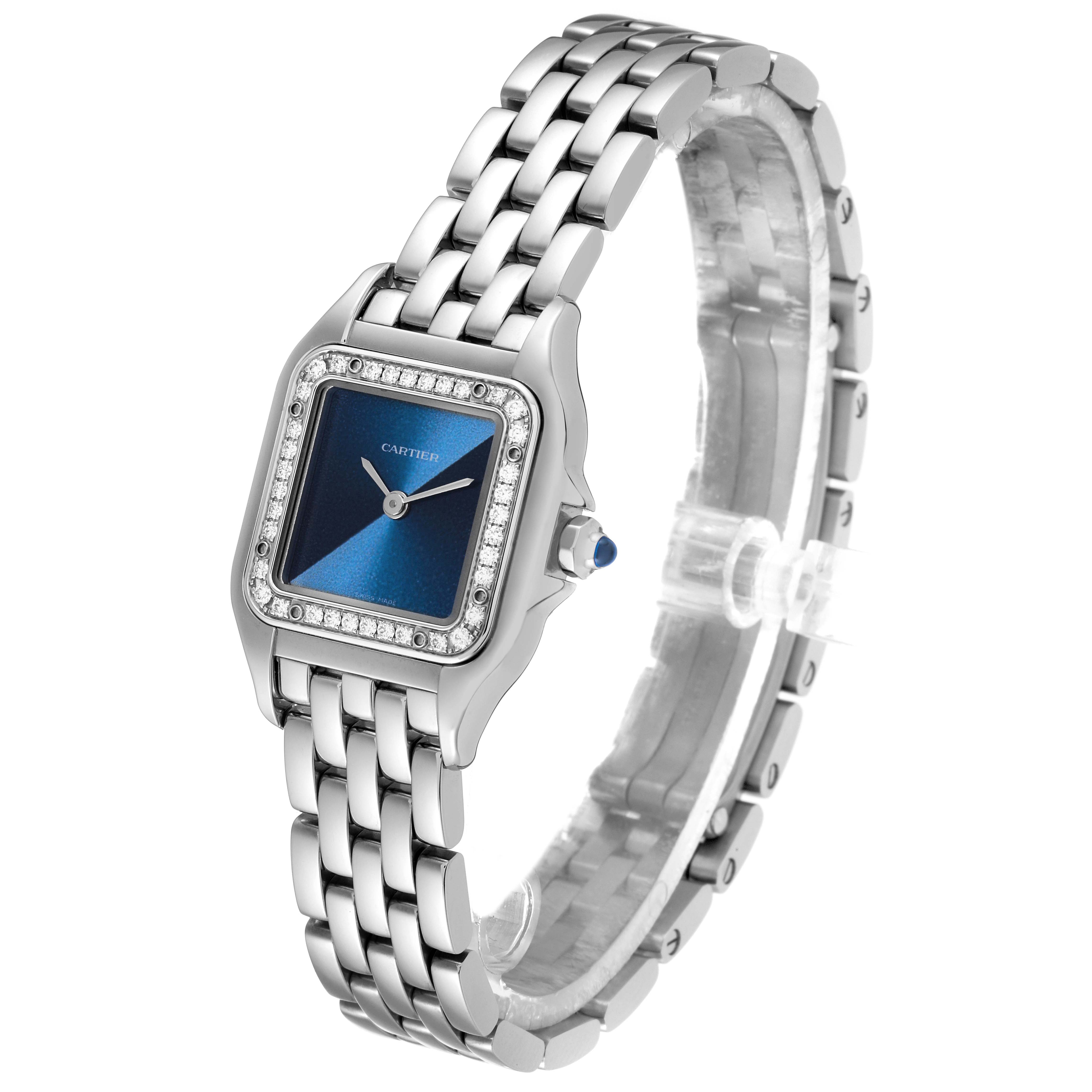 The image shows a Cartier Panthere W4PN0013 Women's Stainless Steel Blue Dial W4PN0013 Women's Stainless Steel Blue Dial model watch at a slight angle, highlighting the blue dial, diamond bezel, and metal bracelet.