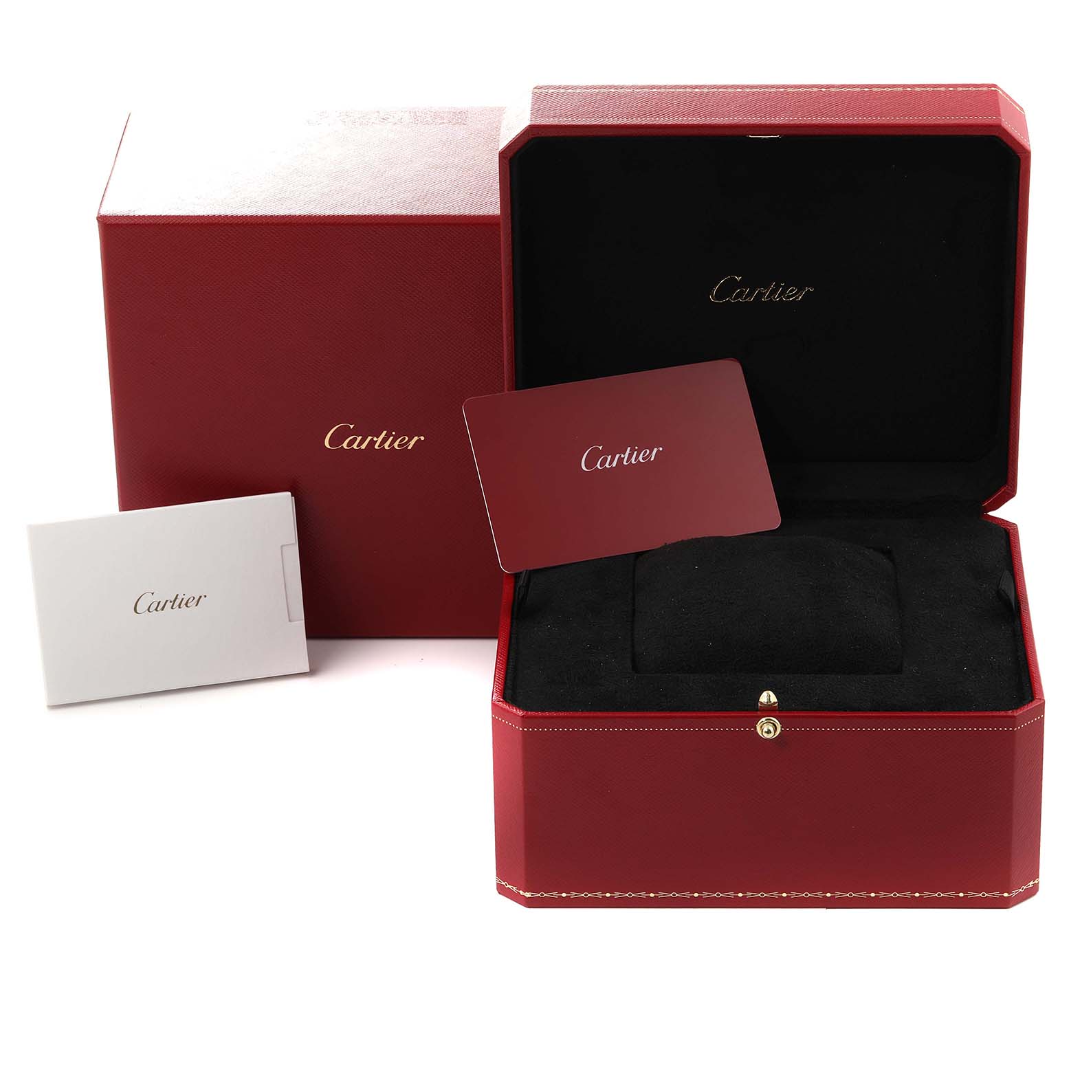 The image shows the packaging, including the red box and documentation, of a Cartier Panthere W4PN0013 Women's Stainless Steel Blue Dial W4PN0013 Women's Stainless Steel Blue Dial watch.