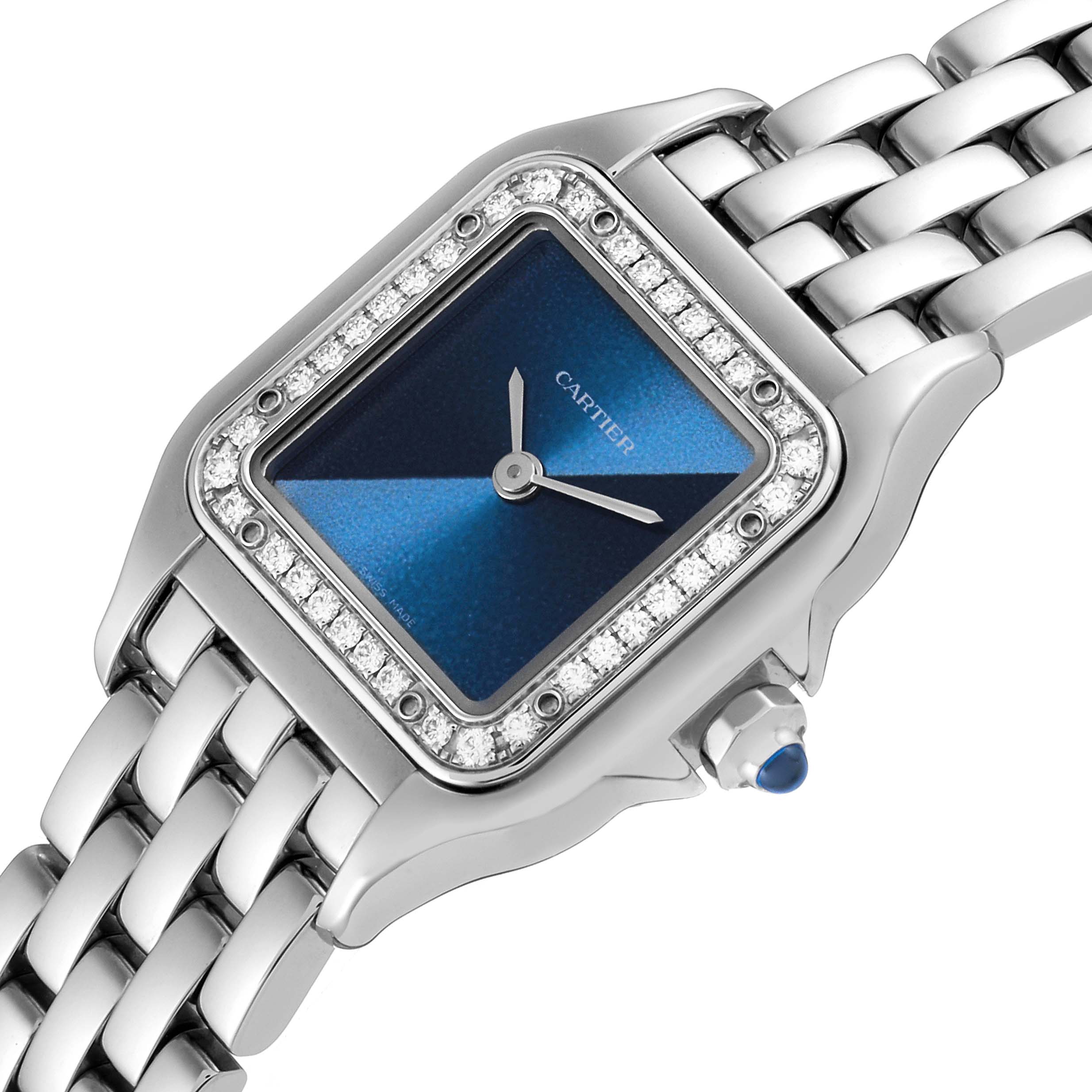 This image shows a close-up of the Cartier Panthere W4PN0013 Women's Stainless Steel Blue Dial W4PN0013 Women's Stainless Steel Blue Dial watch's face, bezel, crown, and part of the bracelet.