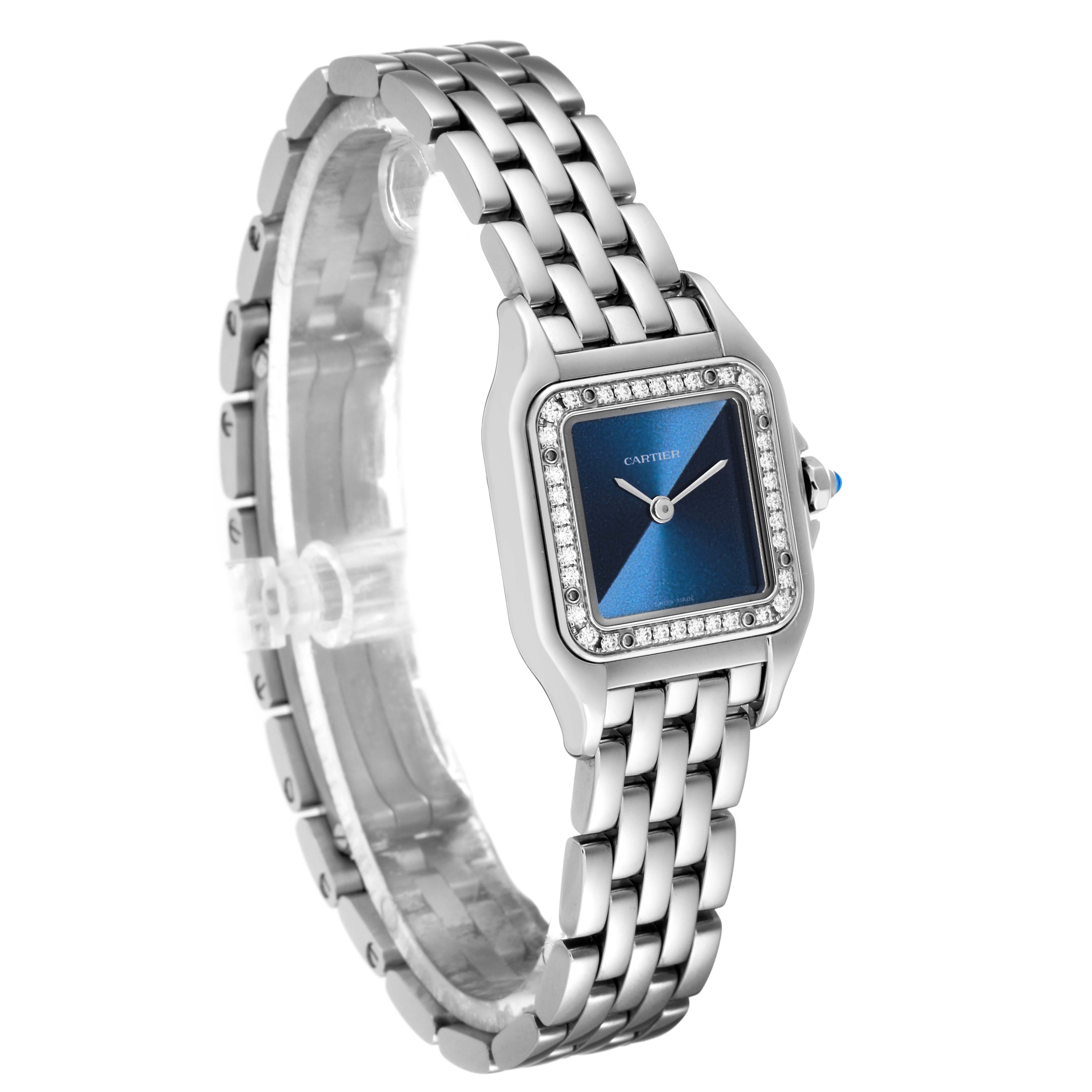 This Cartier Panthère watch is shown at a three-quarter angle, highlighting its blue dial, diamond bezel, and metal link bracelet.