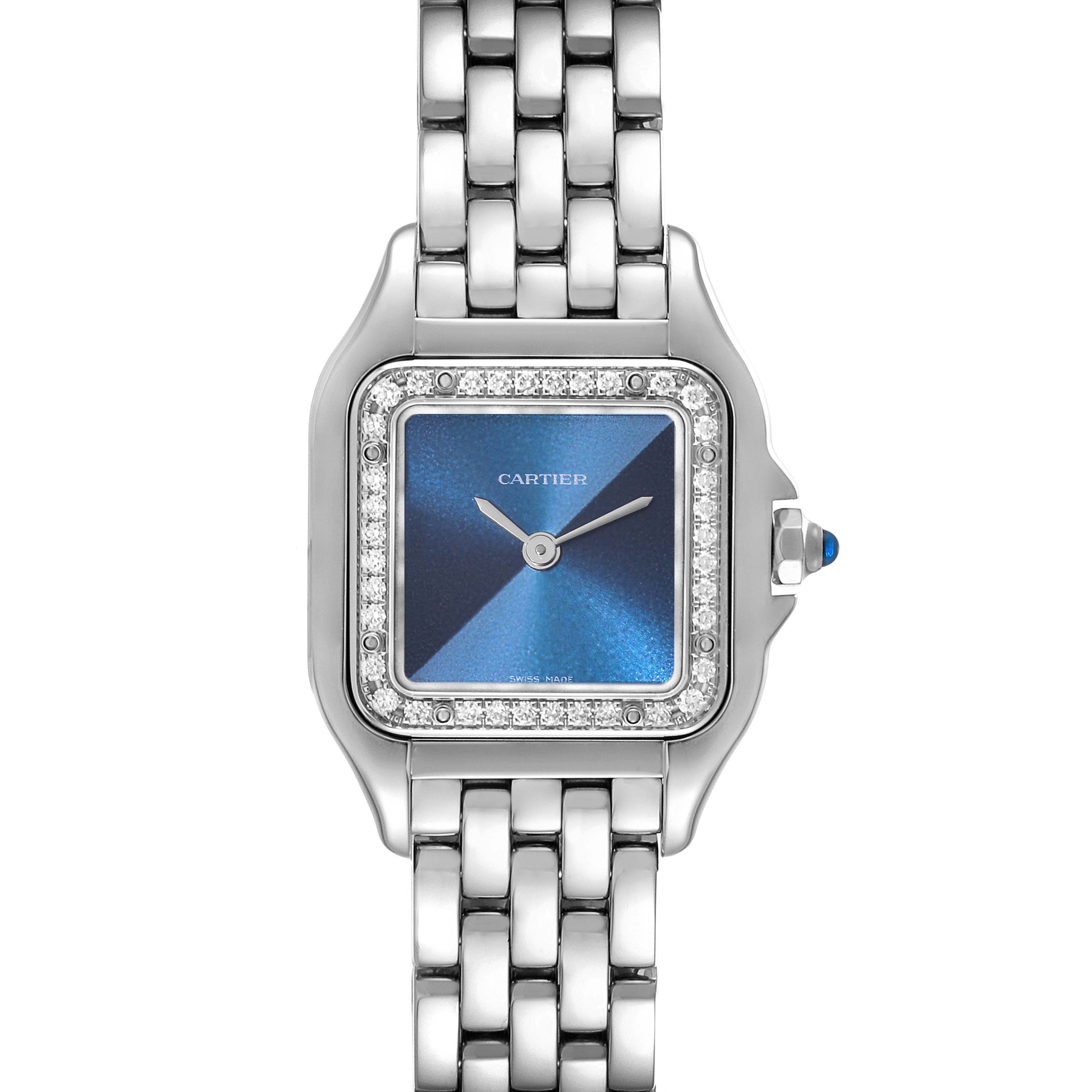 This image shows a frontal view of the Cartier Panthere W4PN0013 Women's Stainless Steel Blue Dial W4PN0013 Women's Stainless Steel Blue Dial watch, highlighting its blue dial, diamond bezel, and metal bracelet.