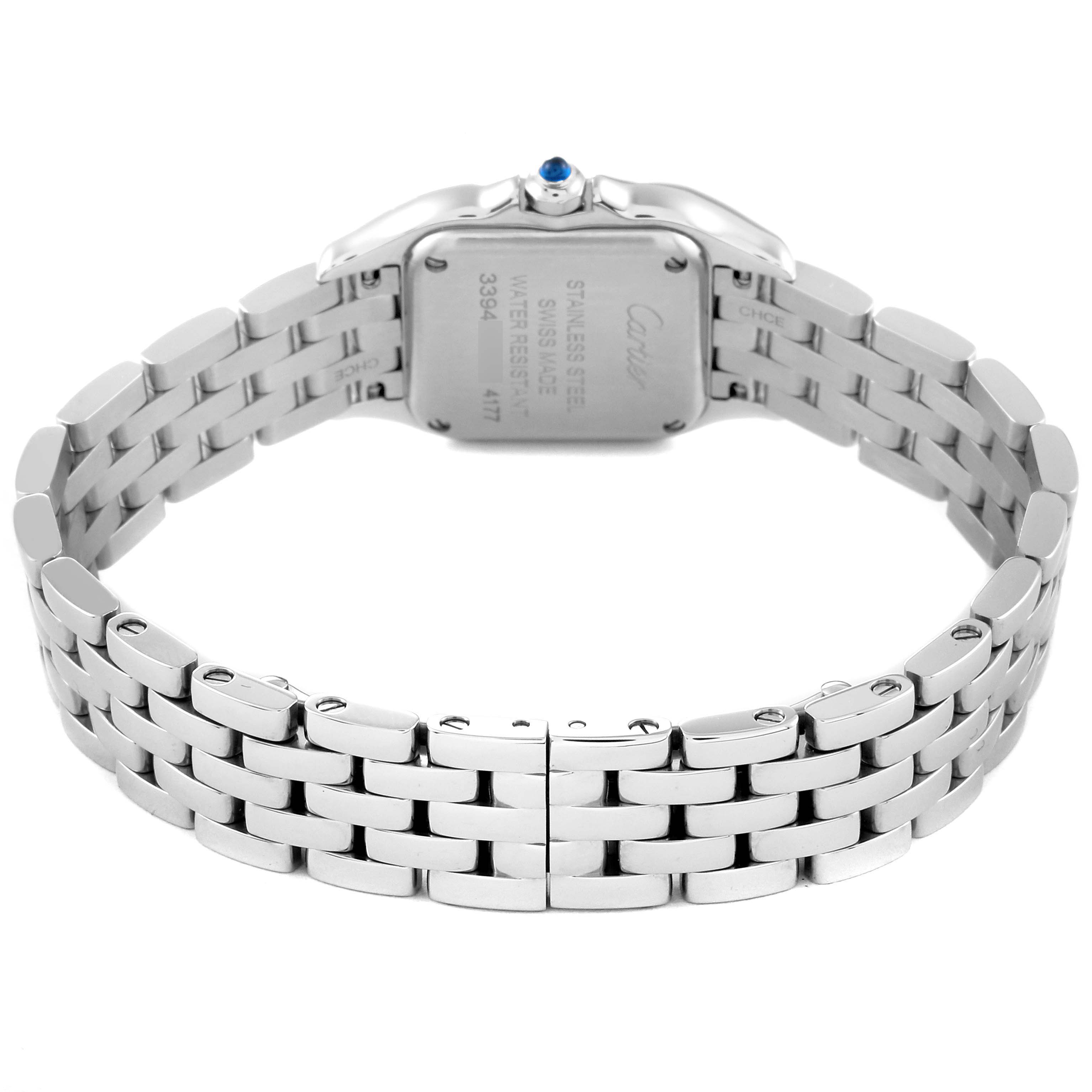 The image shows the back of a Cartier Panthere W4PN0013 Women's Stainless Steel Blue Dial W4PN0013 Women's Stainless Steel Blue Dial watch, highlighting its stainless steel case and bracelet with a blue cabochon crown.