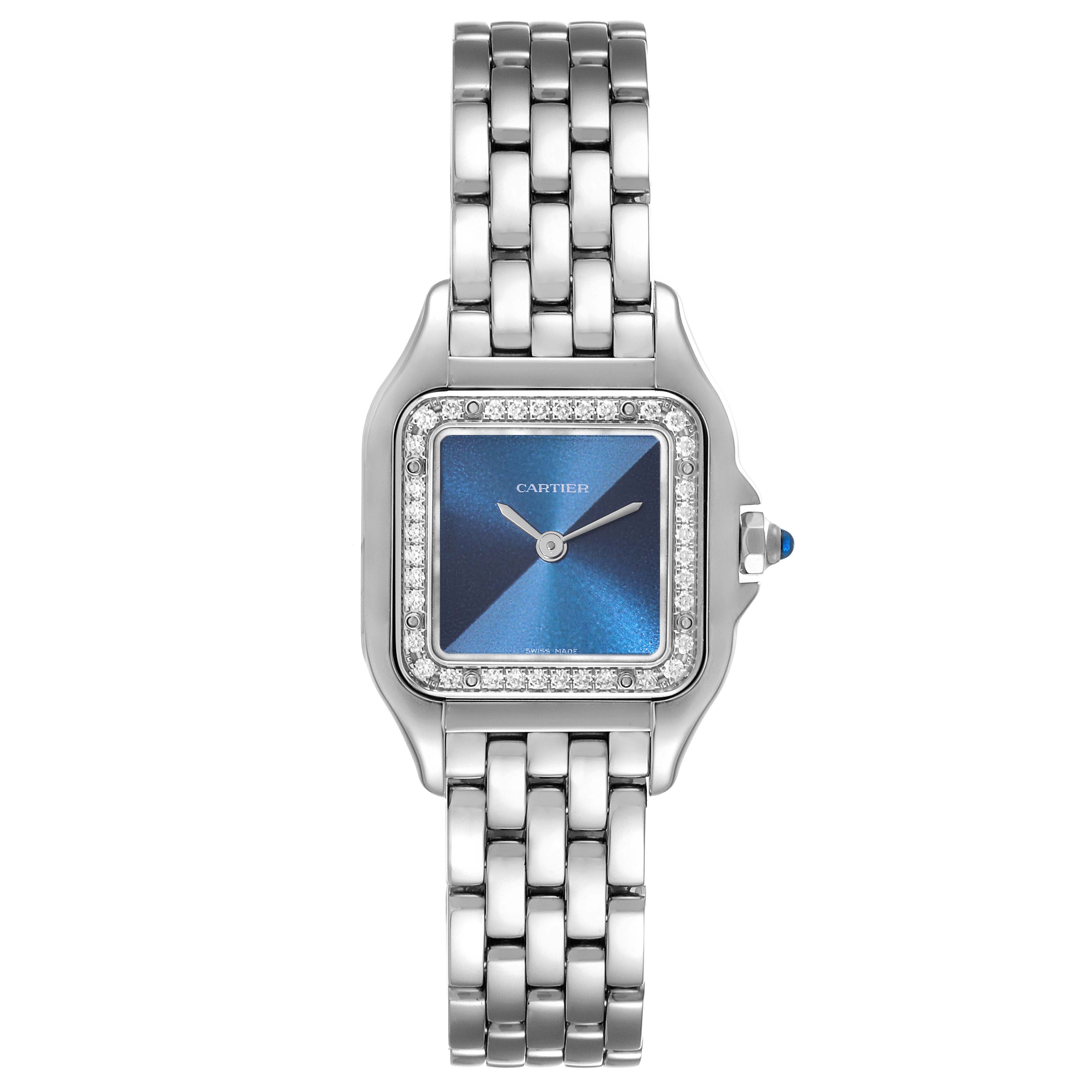 The image shows a Panthere de Cartier watch in a front-facing view, highlighting its blue dial, diamond bezel, and stainless steel bracelet.