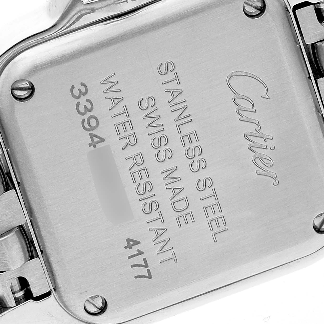 The image shows the back case of a Cartier Panthere W4PN0013 Women's Stainless Steel Blue Dial W4PN0013 Women's Stainless Steel Blue Dial watch with engraved model details.