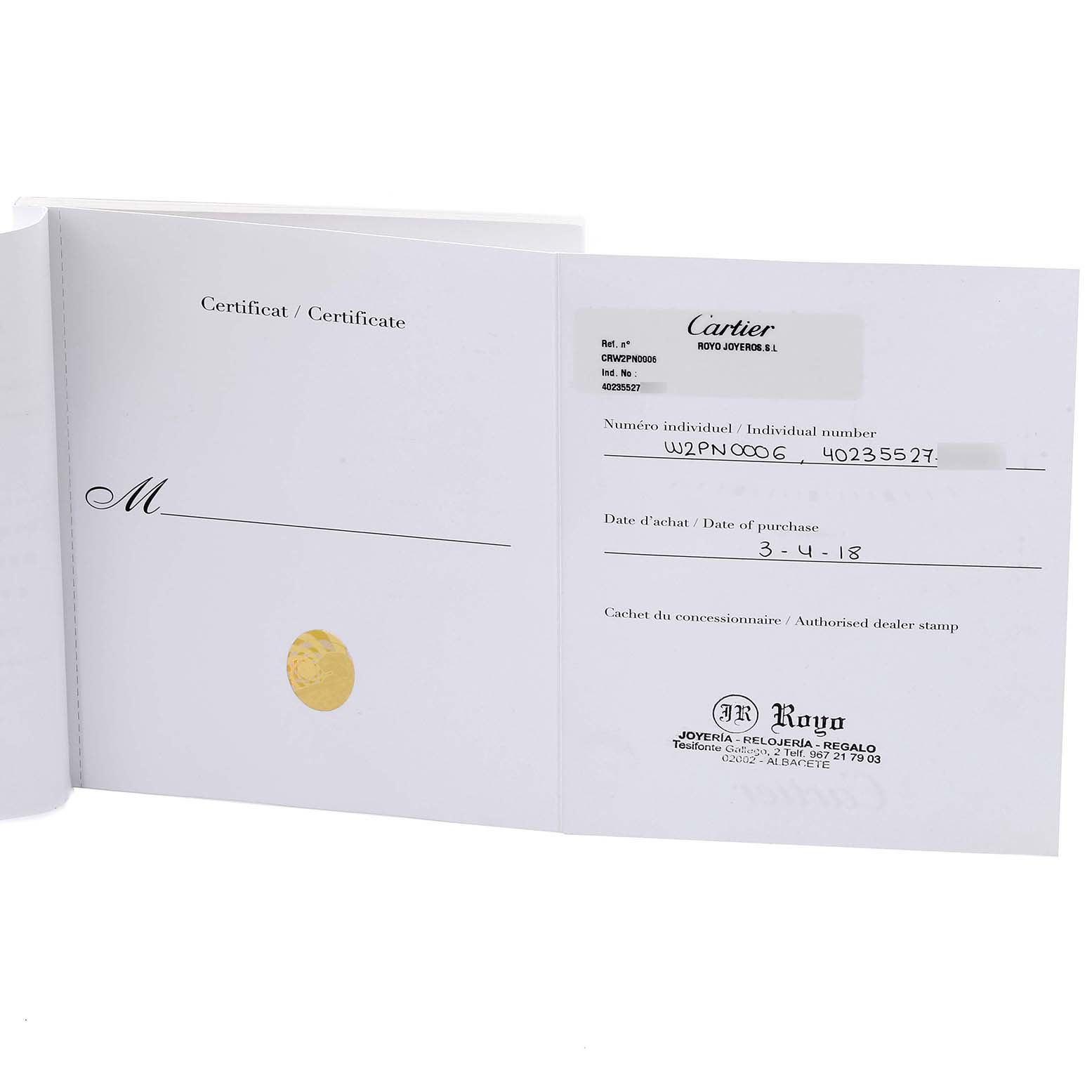 The image shows the certificate of authenticity and purchase details for a Cartier Panthere W2PN0006 Women's Steel and Gold (two tone) Silver Dial W2PN0006 Women's Steel and Gold (two tone) Silver Dial model watch, viewed from a top angle.