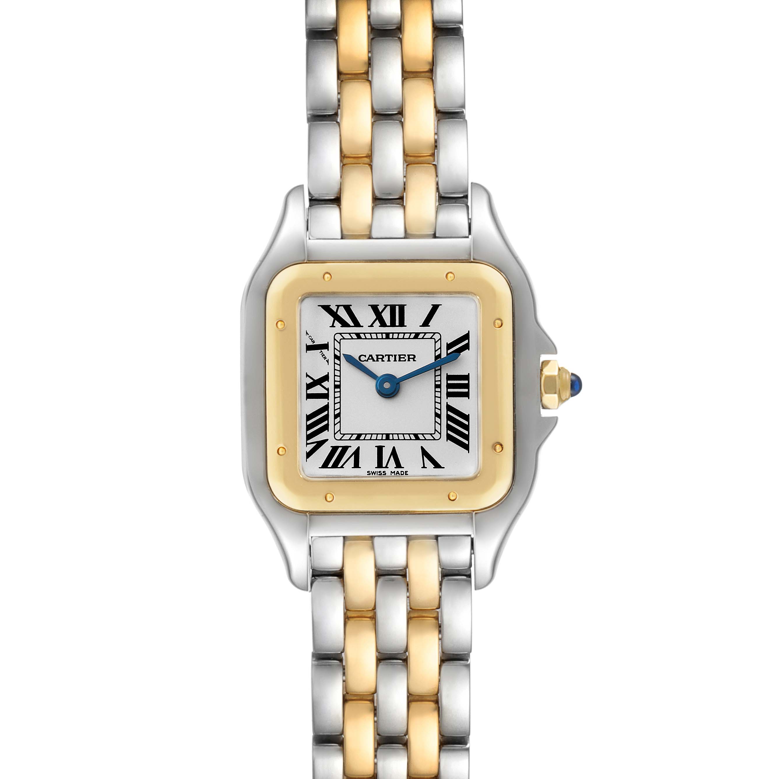 The image shows a front view of a Cartier Panthere W2PN0006 Women's Steel and Gold (two tone) Silver Dial W2PN0006 Women's Steel and Gold (two tone) Silver Dial watch featuring a square dial and a two-tone metal bracelet.