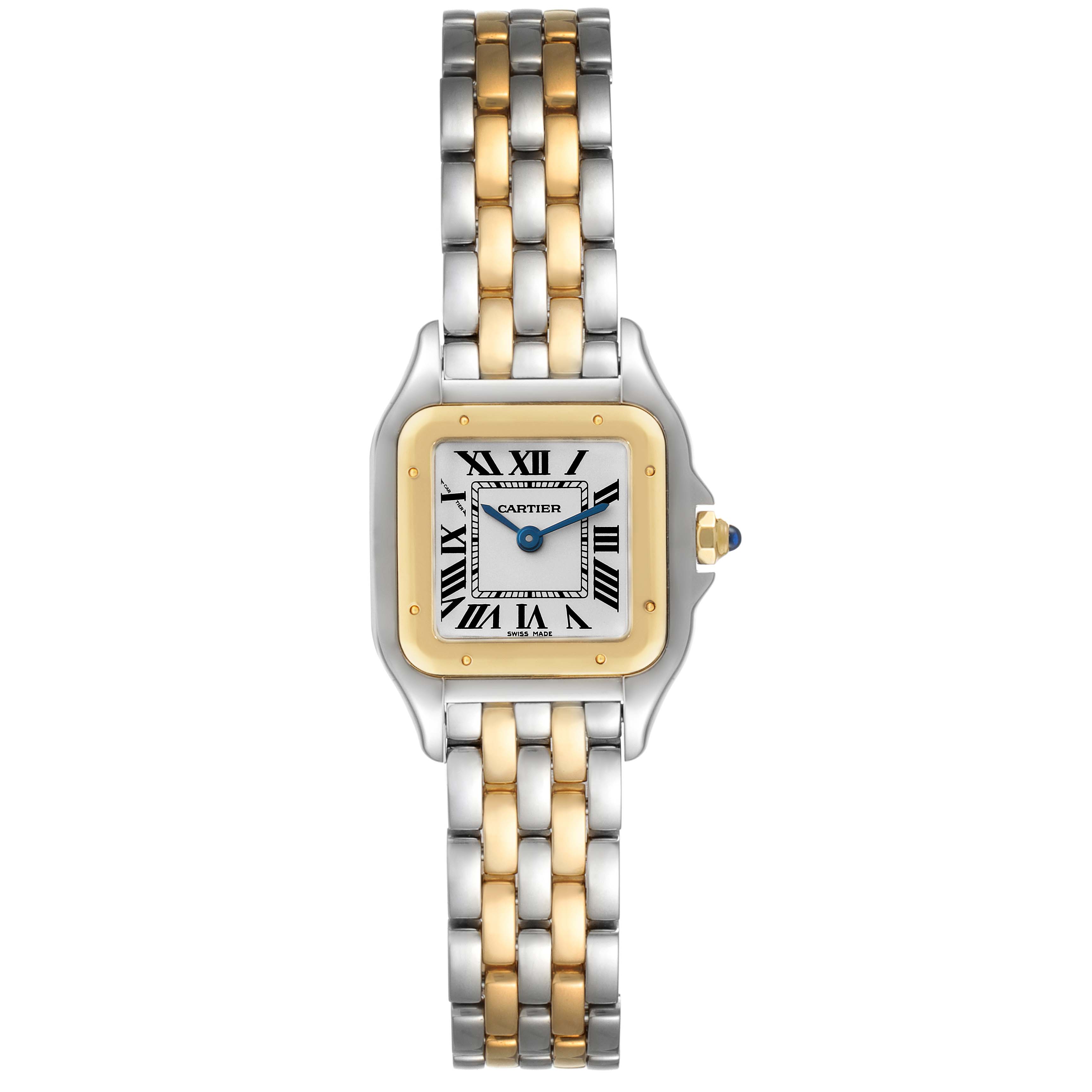 The image shows a full, front view of the Cartier Panthere W2PN0006 Women's Steel and Gold (two tone) Silver Dial W2PN0006 Women's Steel and Gold (two tone) Silver Dial watch, highlighting its two-tone metal strap, square face, and Roman numeral dial.