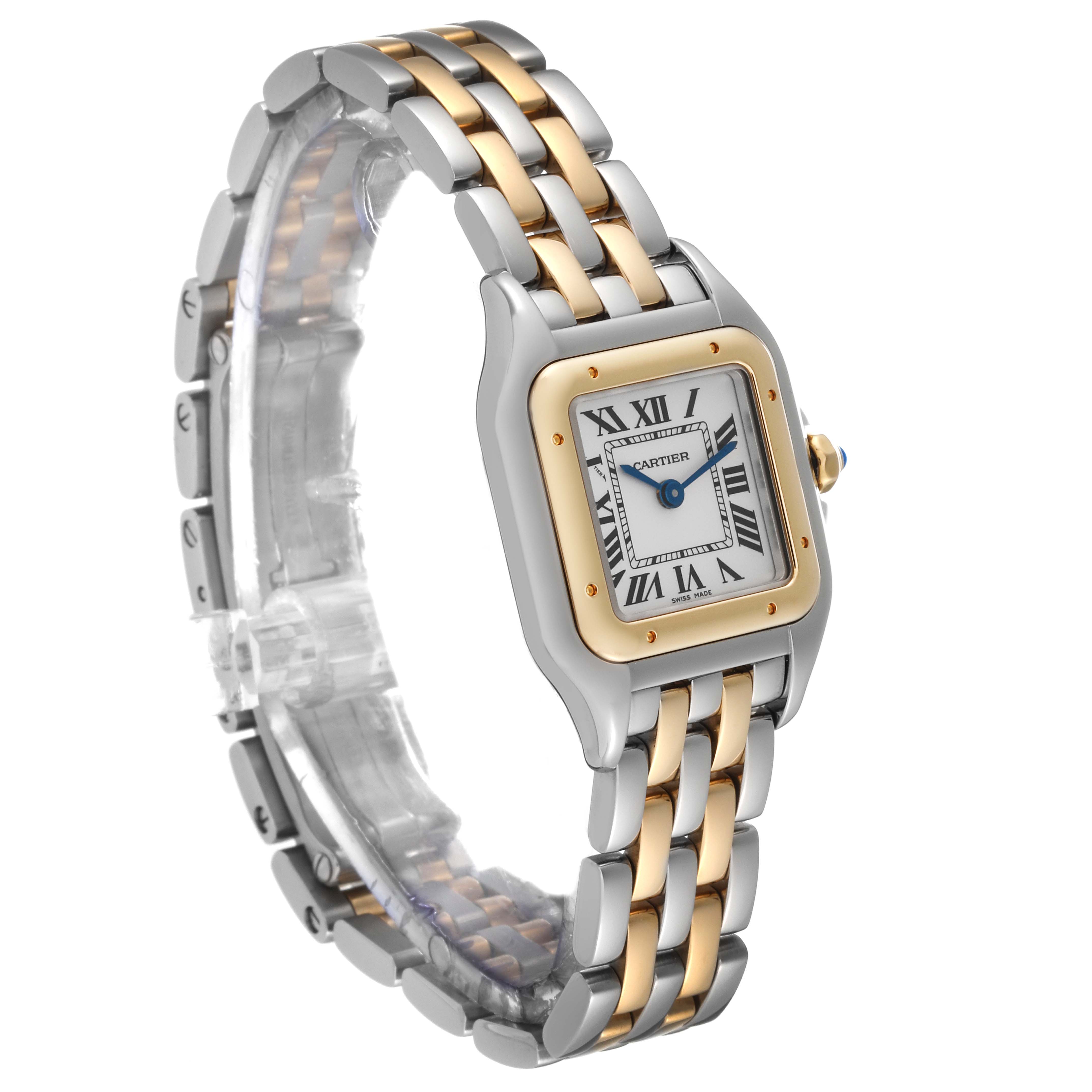 This Cartier Panthere W2PN0006 Women's Steel and Gold (two tone) Silver Dial W2PN0006 Women's Steel and Gold (two tone) Silver Dial watch is shown from a side angle, highlighting its two-tone metal bracelet and square face with Roman numerals.