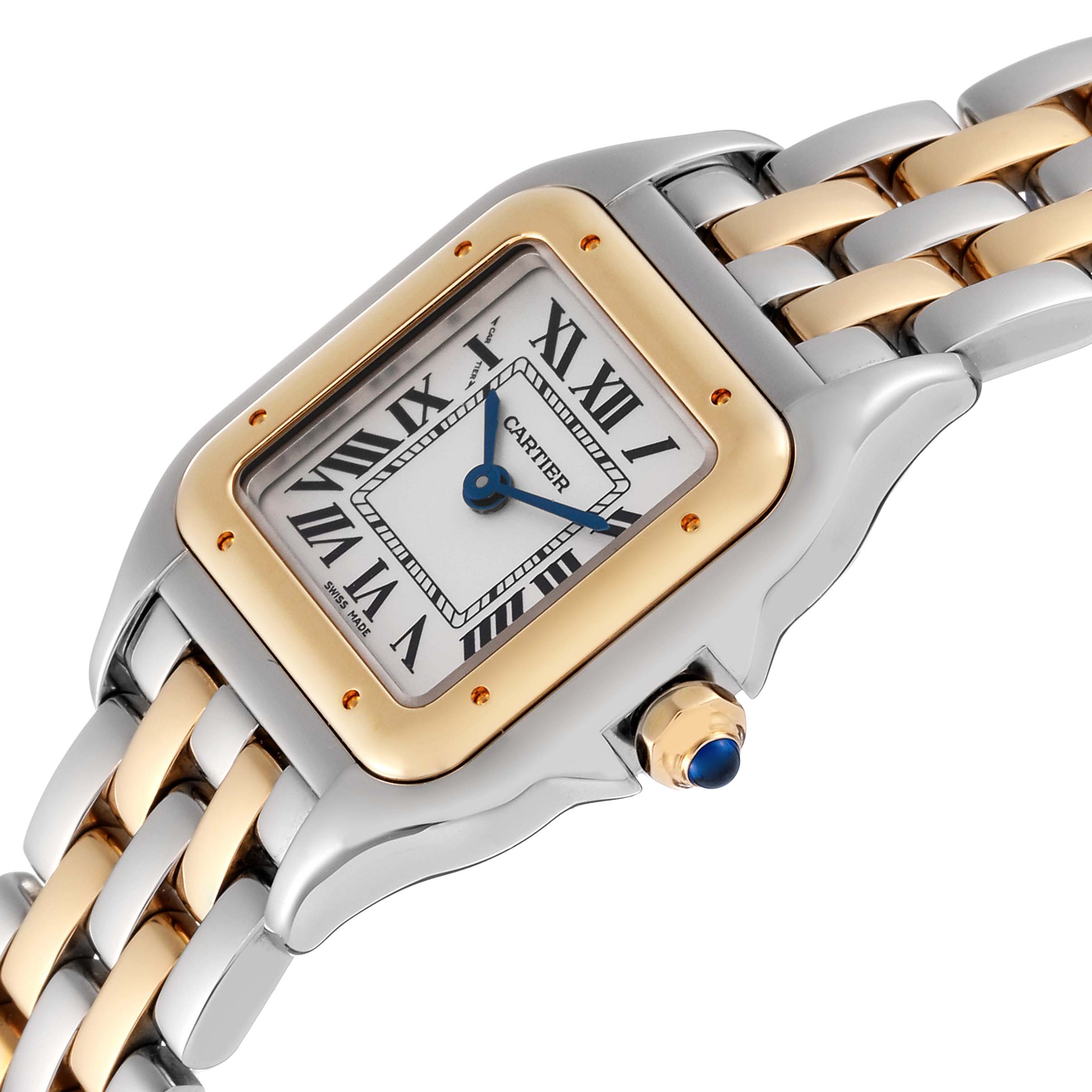 The Cartier Panthere W2PN0006 Women's Steel and Gold (two tone) Silver Dial W2PN0006 Women's Steel and Gold (two tone) Silver Dial watch is shown at an angle highlighting its face, bezel, and two-tone bracelet.
