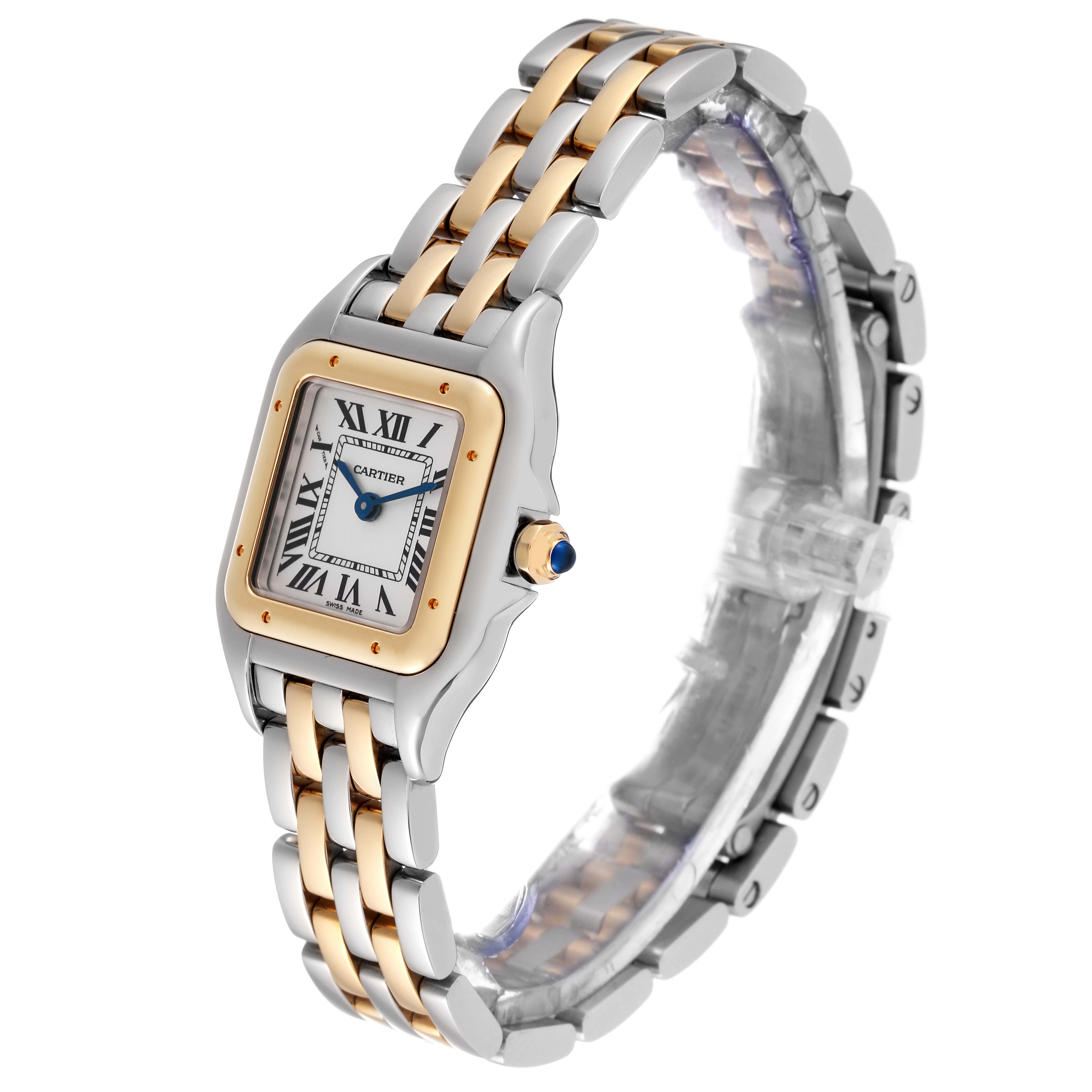 The Cartier Panthere W2PN0006 Women's Steel and Gold (two tone) Silver Dial W2PN0006 Women's Steel and Gold (two tone) Silver Dial watch is shown at a tilted angle, highlighting its two-tone bracelet and square face with Roman numeral markers.