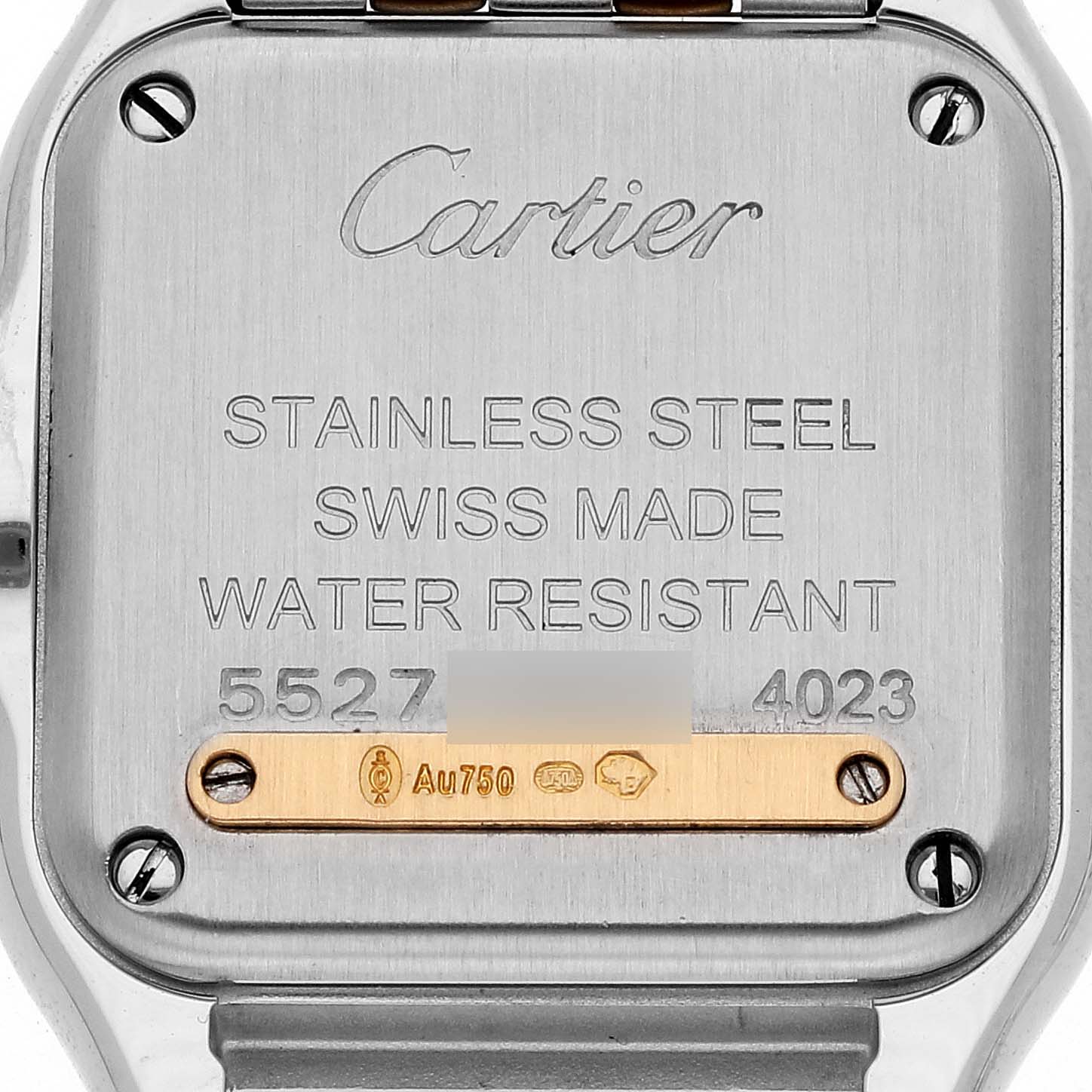 This is the back case of a Cartier Panthere W2PN0006 Women's Steel and Gold (two tone) Silver Dial W2PN0006 Women's Steel and Gold (two tone) Silver Dial watch, showing the brand, model, material, and serial number.