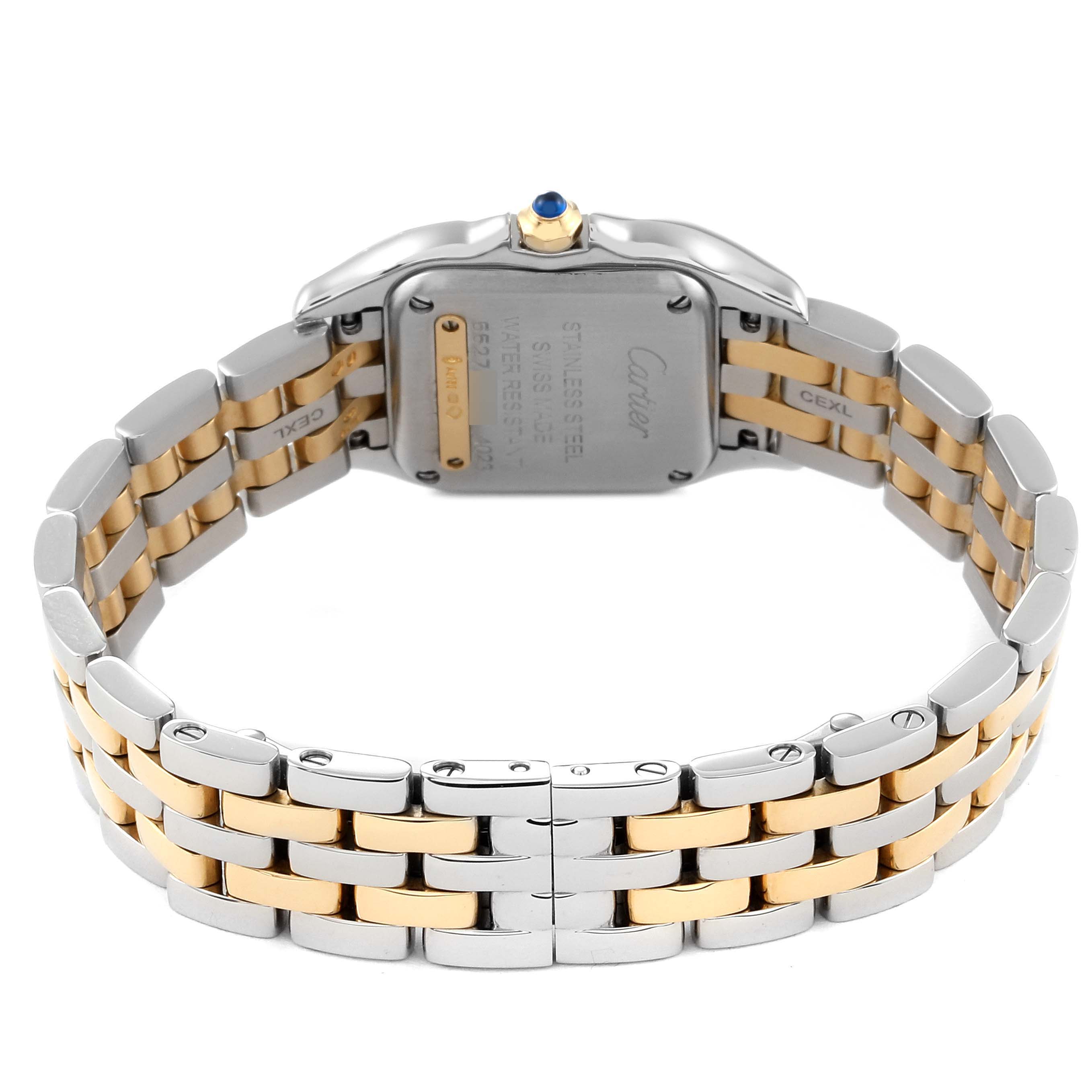 The image shows the back view of the Cartier Panthere W2PN0006 Women's Steel and Gold (two tone) Silver Dial W2PN0006 Women's Steel and Gold (two tone) Silver Dial watch, highlighting the case back and two-tone metal bracelet.