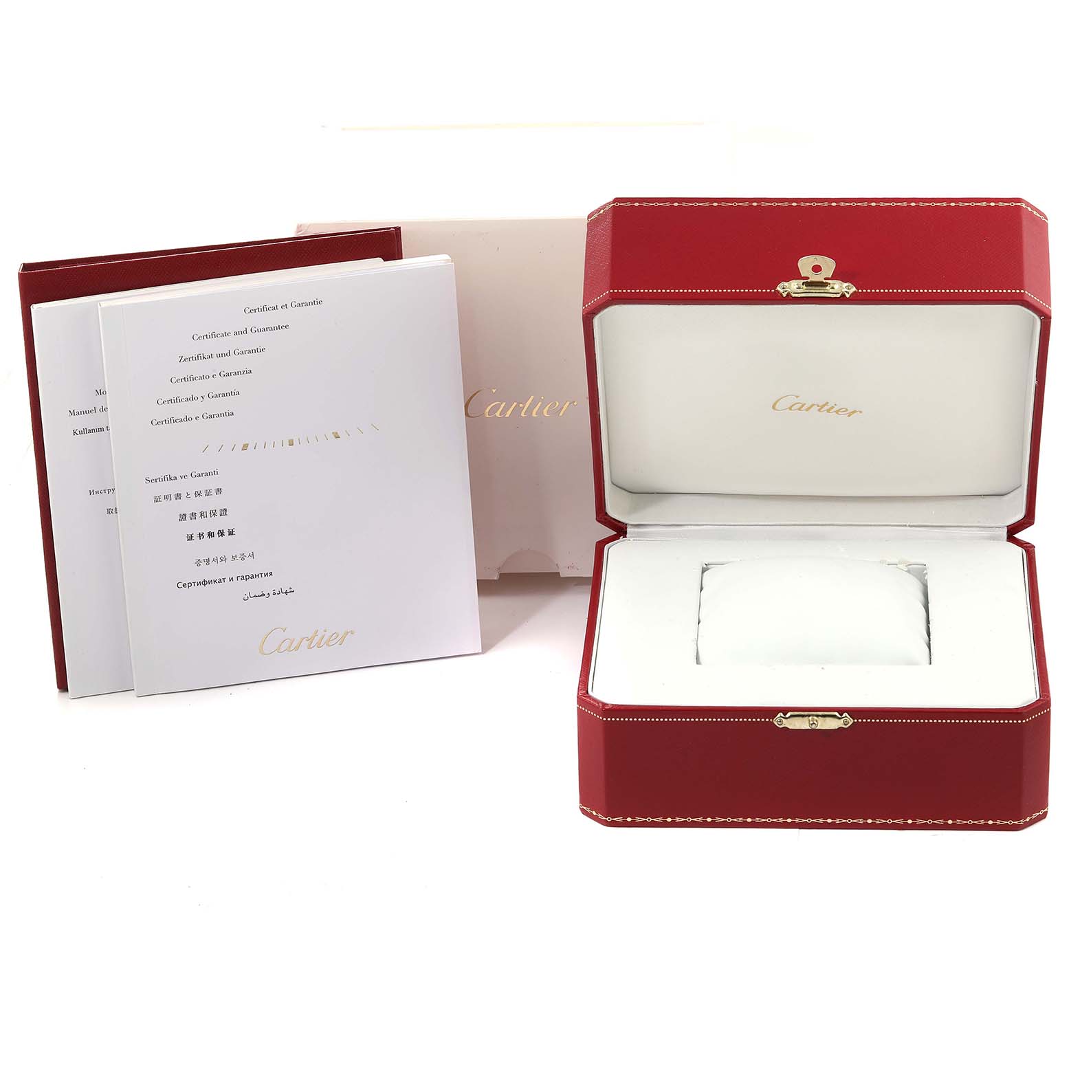 The image shows the Cartier Panthere W2PN0006 Women's Steel and Gold (two tone) Silver Dial W2PN0006 Women's Steel and Gold (two tone) Silver Dial watch's packaging, including a red watch box, papers, and a certificate.