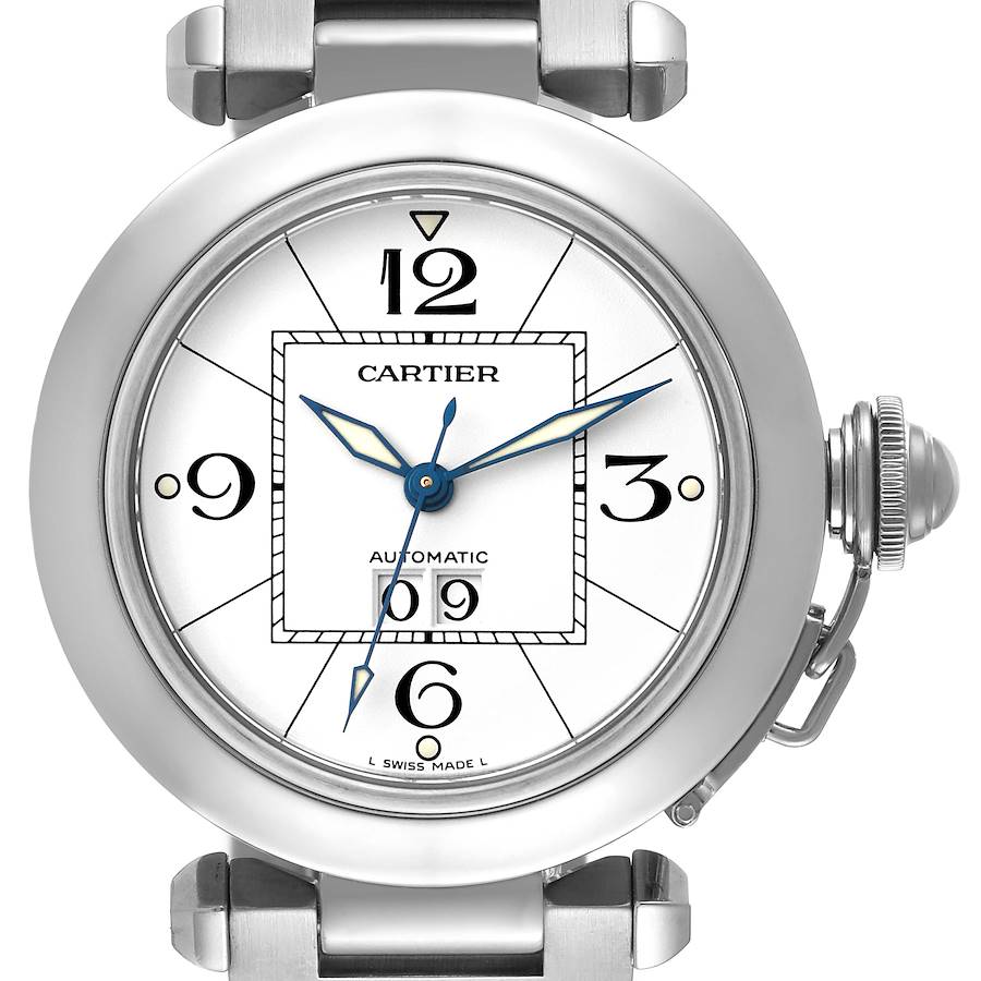 Cartier Pasha C Big Date Midsize Steel White Dial Mens Watch W31055M7 SwissWatchExpo