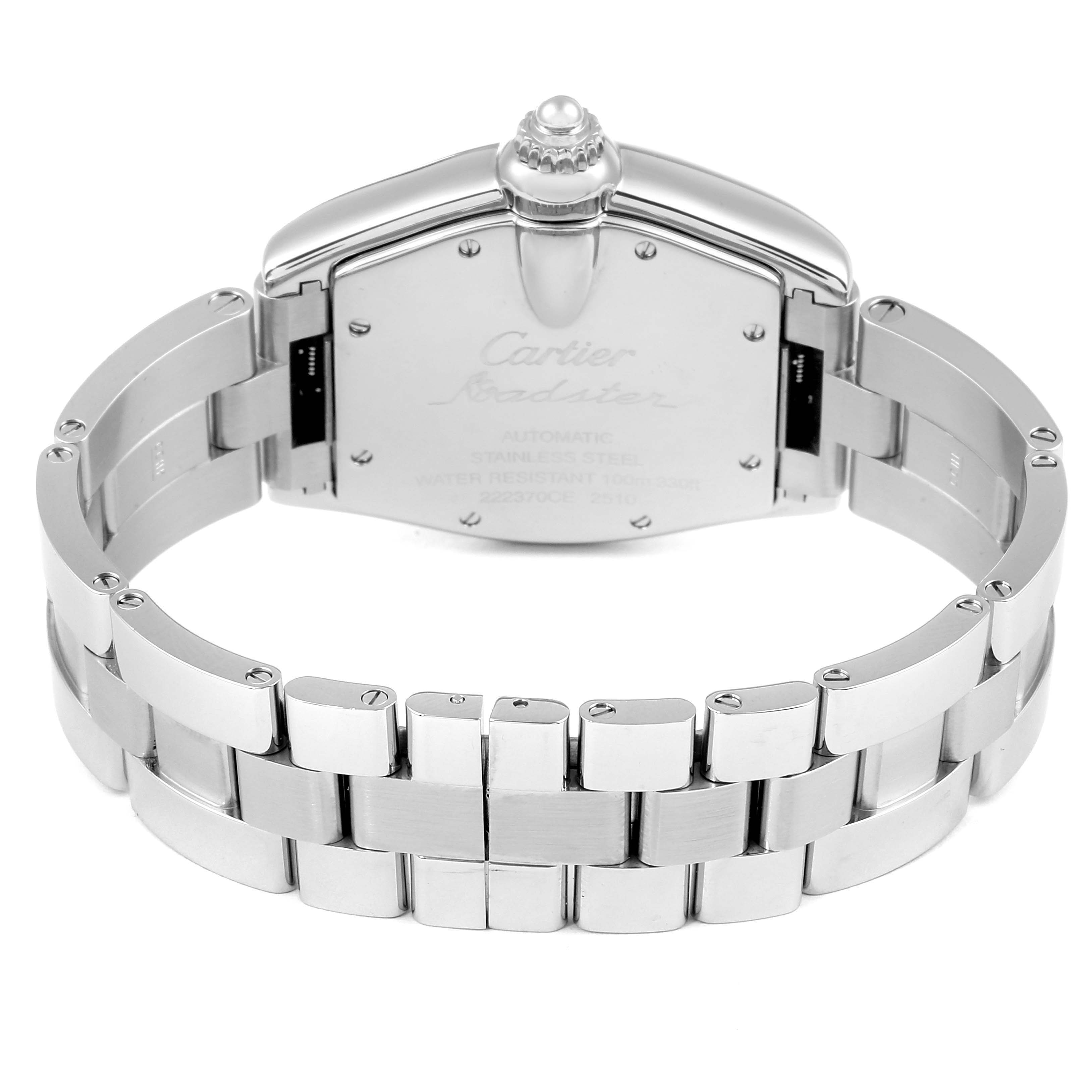 The image shows the back case and stainless steel bracelet of a Cartier Roadster W62000V3 Men's Stainless Steel Silver Dial W62000V3 Men's Stainless Steel Silver Dial watch.