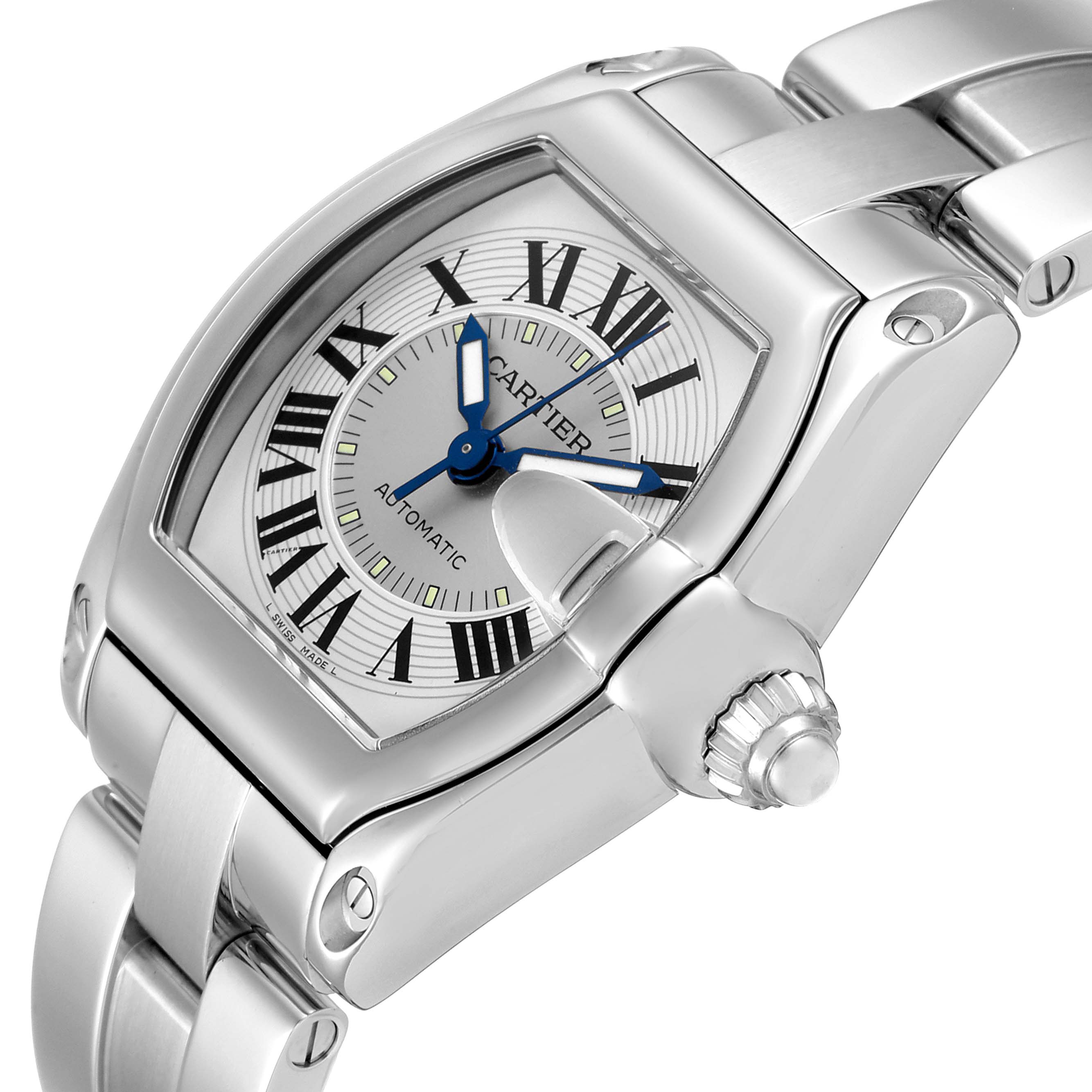 The image shows a close-up angle of a Cartier Roadster W62000V3 Men's Stainless Steel Silver Dial W62000V3 Men's Stainless Steel Silver Dial watch, displaying the dial, crown, and part of the bracelet.
