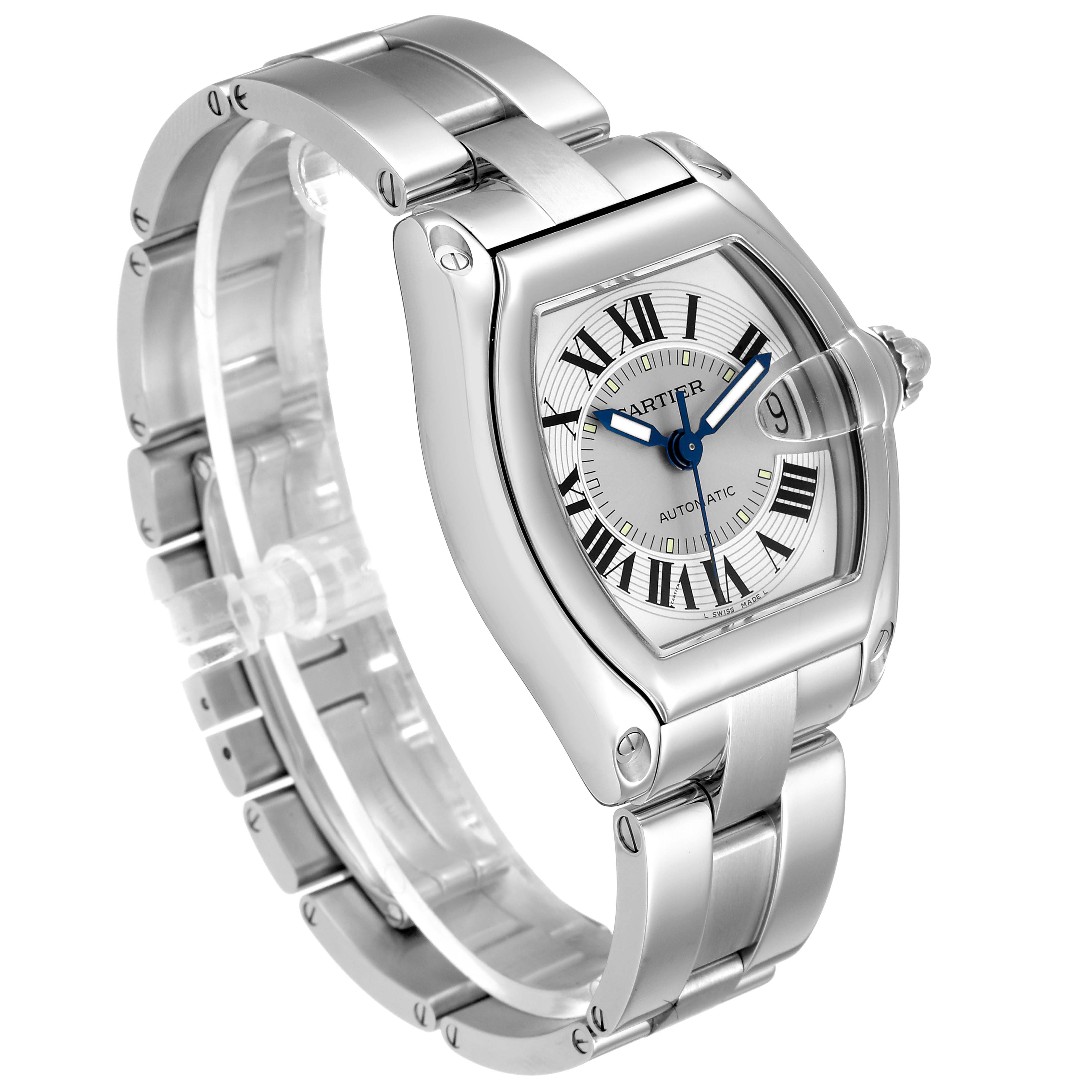 The Cartier Roadster W62000V3 Men's Stainless Steel Silver Dial W62000V3 Men's Stainless Steel Silver Dial watch is shown from an angled top view, highlighting the face, case, and bracelet.