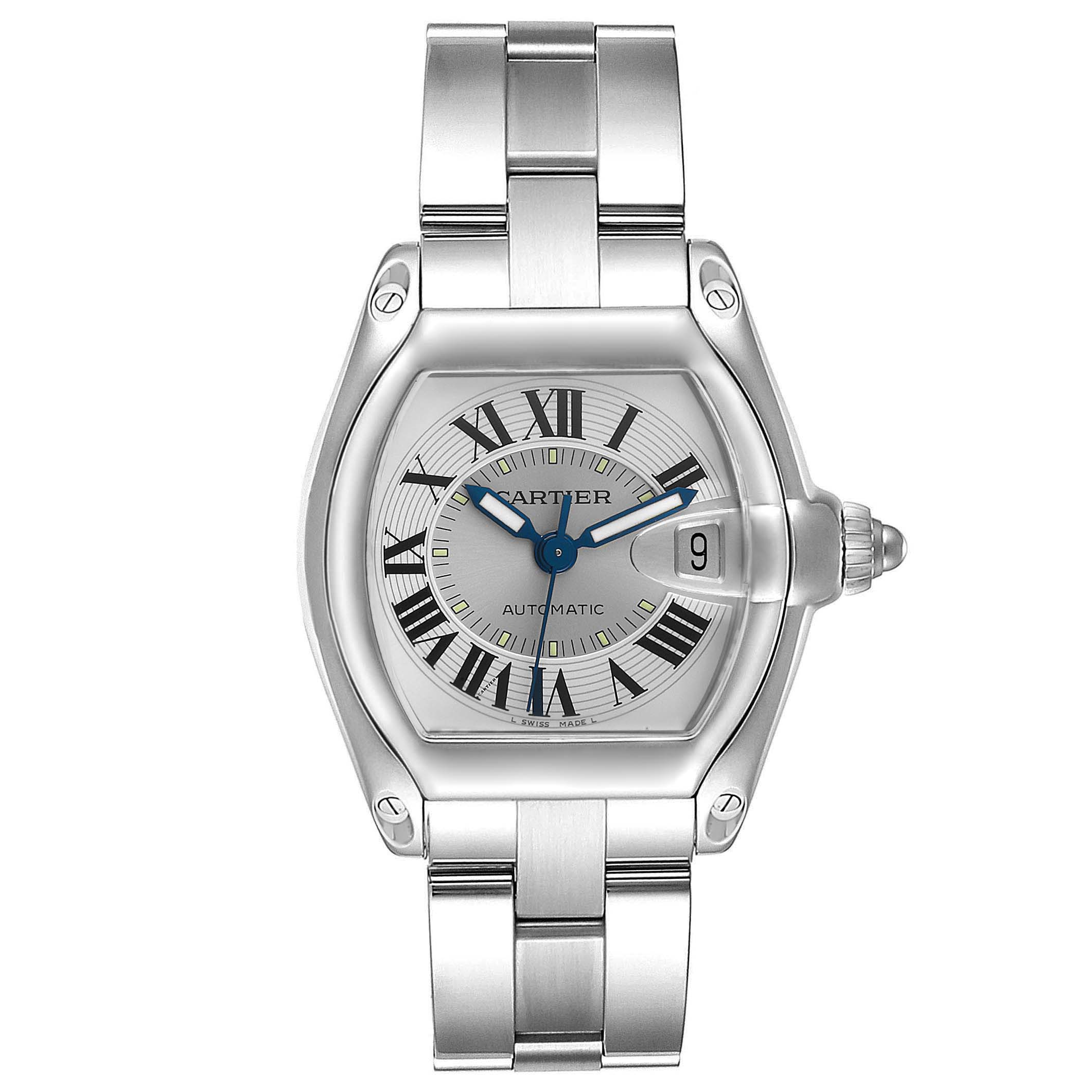 The image shows a frontal view of a Cartier Roadster W62000V3 Men's Stainless Steel Silver Dial W62000V3 Men's Stainless Steel Silver Dial watch, exhibiting its full dial, bezel, and metal bracelet.