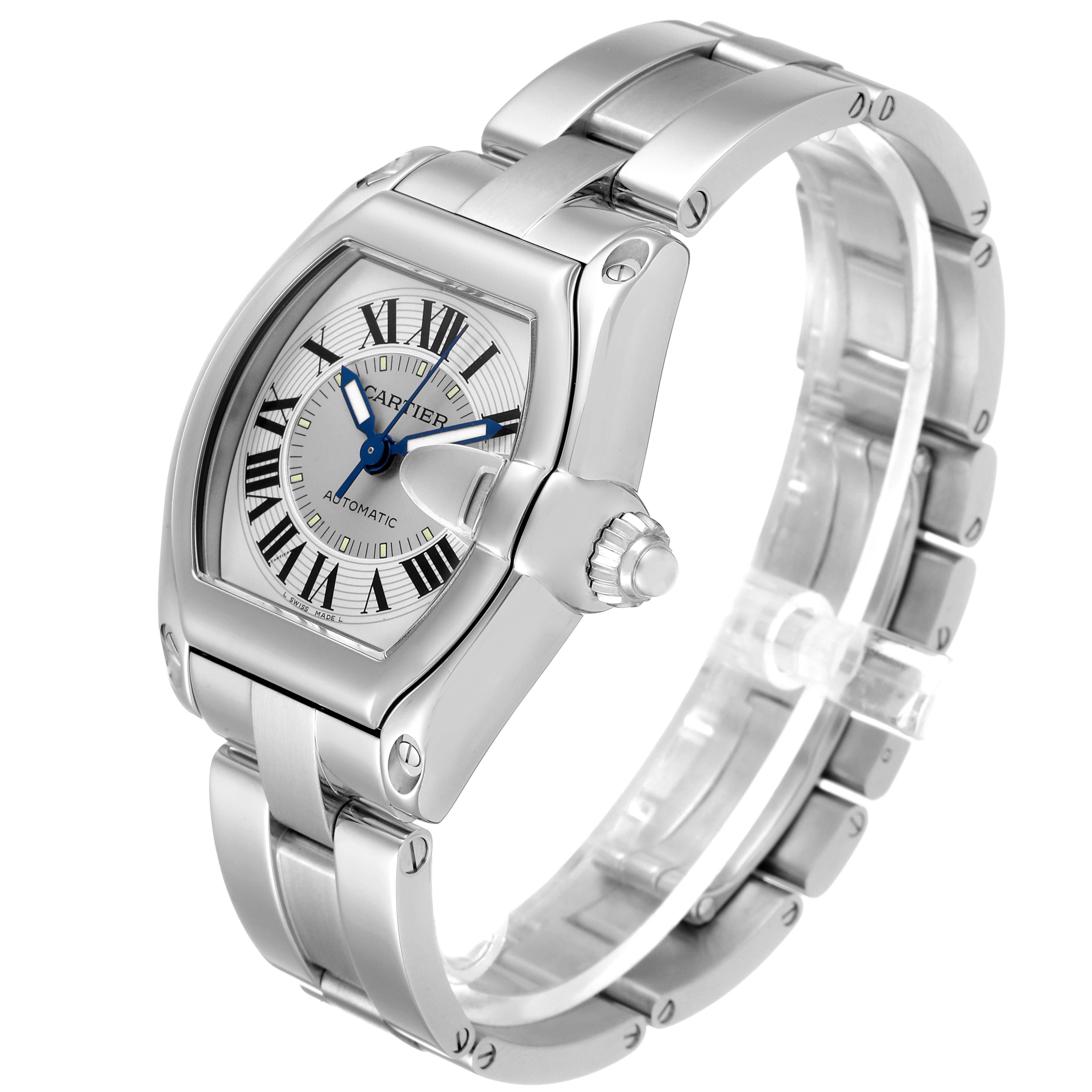 The Cartier Roadster W62000V3 Men's Stainless Steel Silver Dial W62000V3 Men's Stainless Steel Silver Dial watch is shown from an angled view, highlighting its dial, bracelet, and distinctive crown.
