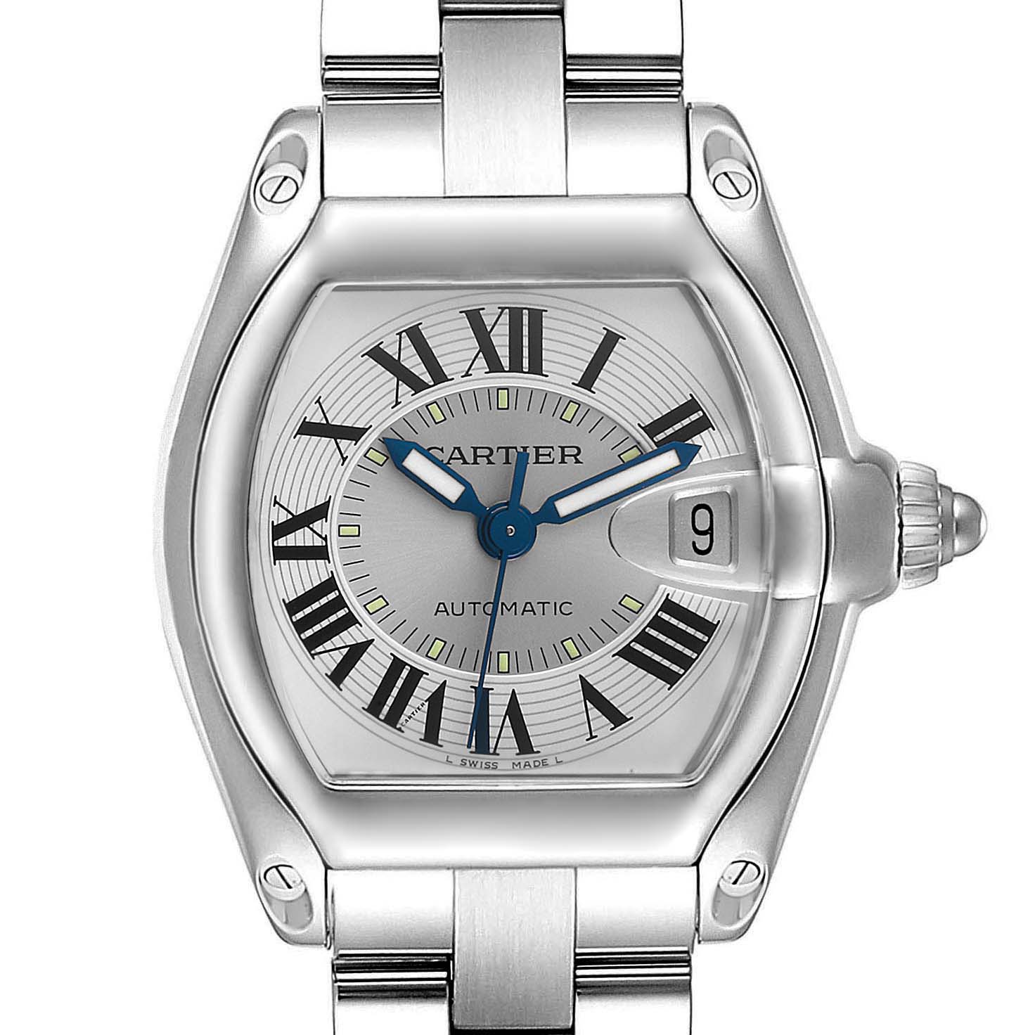 This image shows a front view of a Cartier Roadster W62000V3 Men's Stainless Steel Silver Dial W62000V3 Men's Stainless Steel Silver Dial watch, highlighting its dial, bezel, crown, and part of its bracelet.