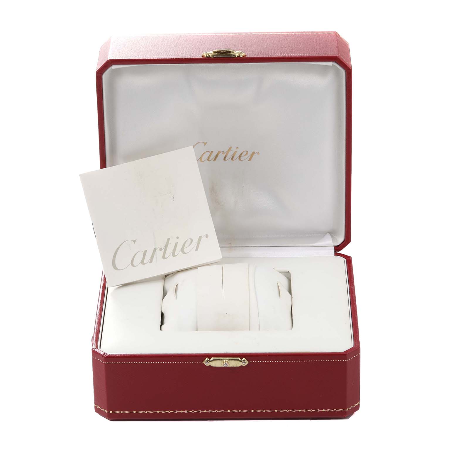 This image shows the Cartier Ronde W6700455 Men
s Steel and Gold (two tone) Silver Dial W6700455 Men
s Steel and Gold (two tone) Silver Dial model watch box, including the presentation cushion and a booklet inside.