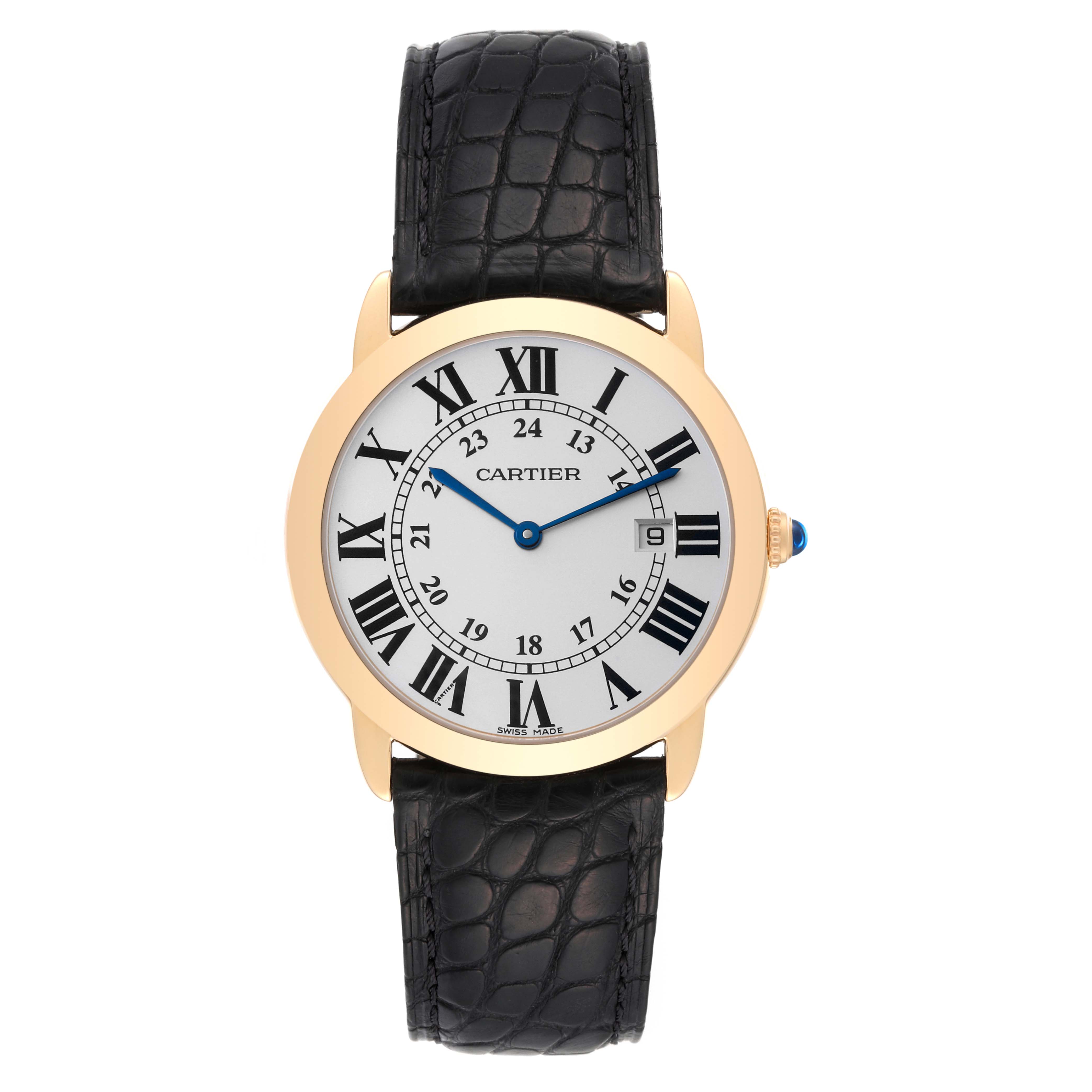 The Cartier Ronde W6700455 Men
s Steel and Gold (two tone) Silver Dial W6700455 Men
s Steel and Gold (two tone) Silver Dial watch is shown from a top view, displaying its dial, hands, case, and black leather strap.