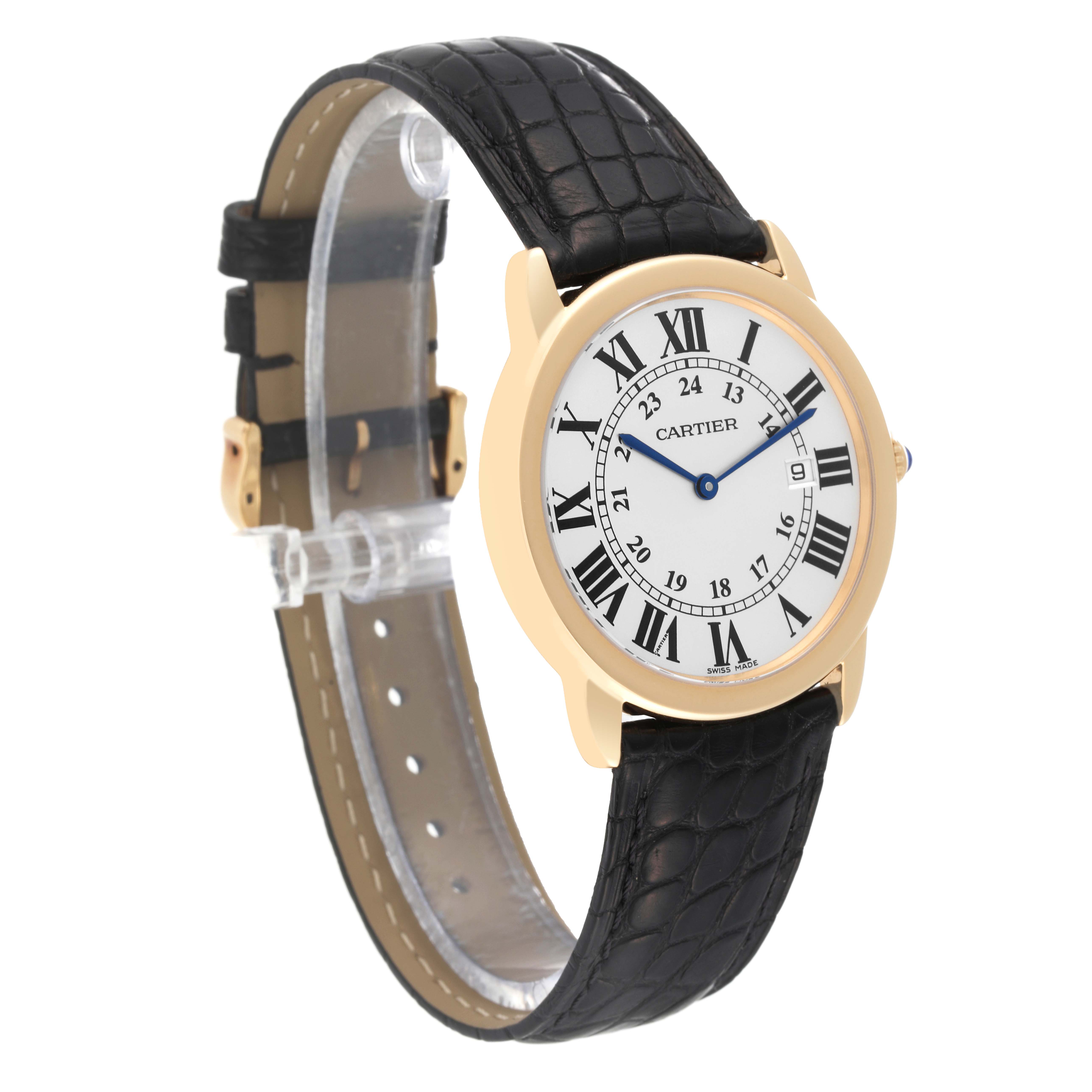 The Cartier Ronde W6700455 Men
s Steel and Gold (two tone) Silver Dial W6700455 Men
s Steel and Gold (two tone) Silver Dial model watch is shown at a slight angle, showcasing its dial, gold case, and black leather strap.
