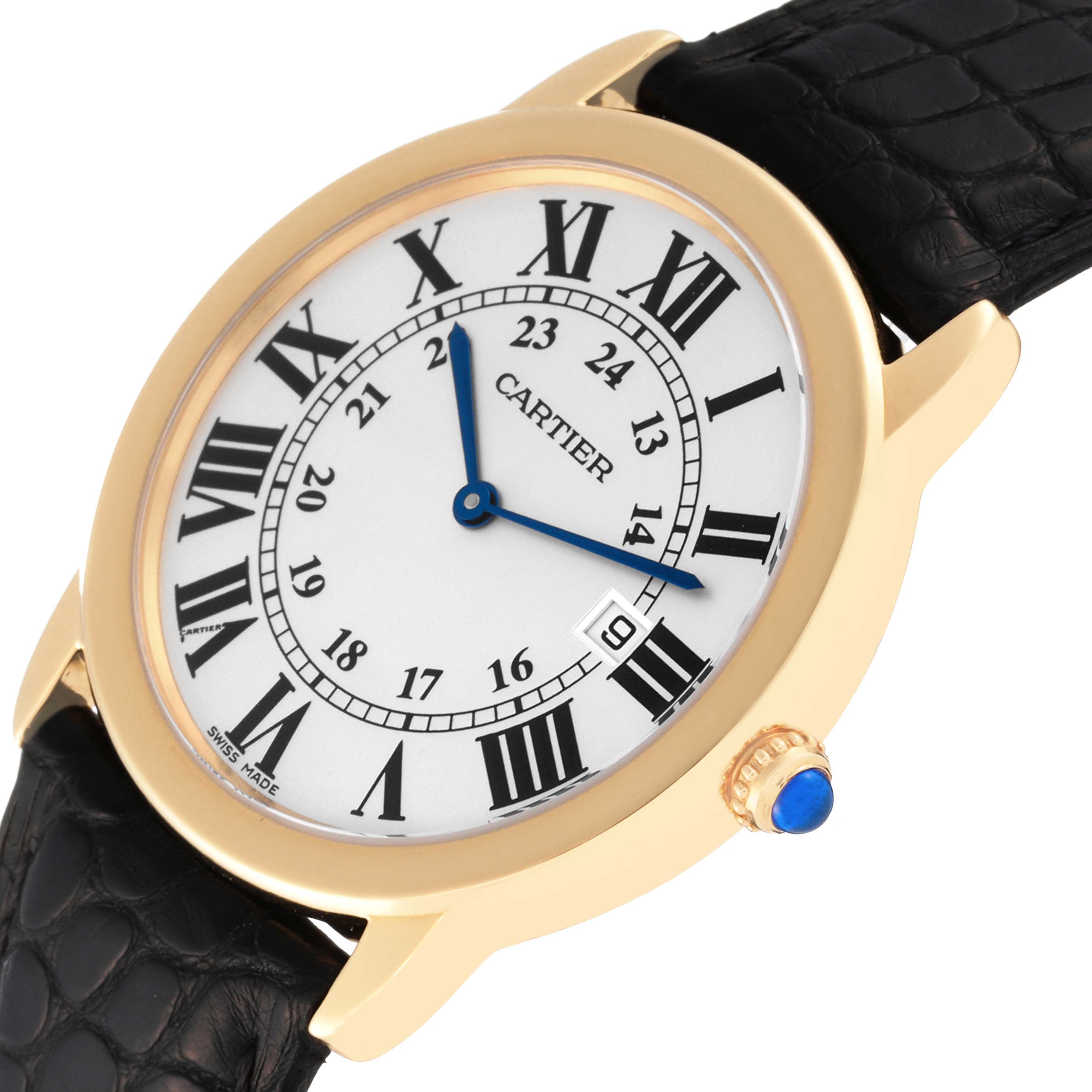 The image shows a Cartier Ronde W6700455 Men
s Steel and Gold (two tone) Silver Dial W6700455 Men
s Steel and Gold (two tone) Silver Dial watch at an angled view, highlighting the face, bezel, crown, and part of the leather strap.