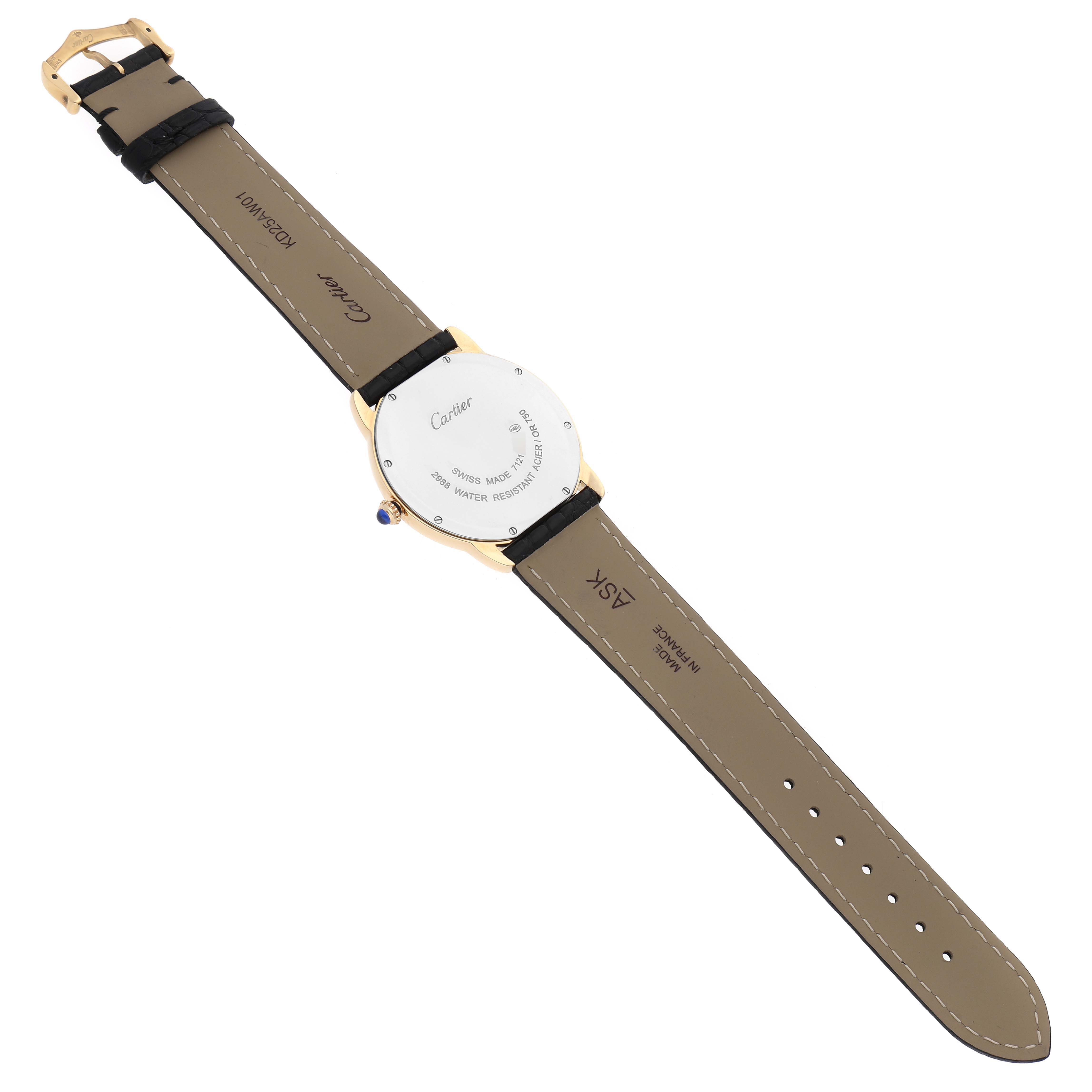 The Cartier Ronde W6700455 Men
s Steel and Gold (two tone) Silver Dial W6700455 Men
s Steel and Gold (two tone) Silver Dial model watch is shown from the back, displaying its case back and leather straps.