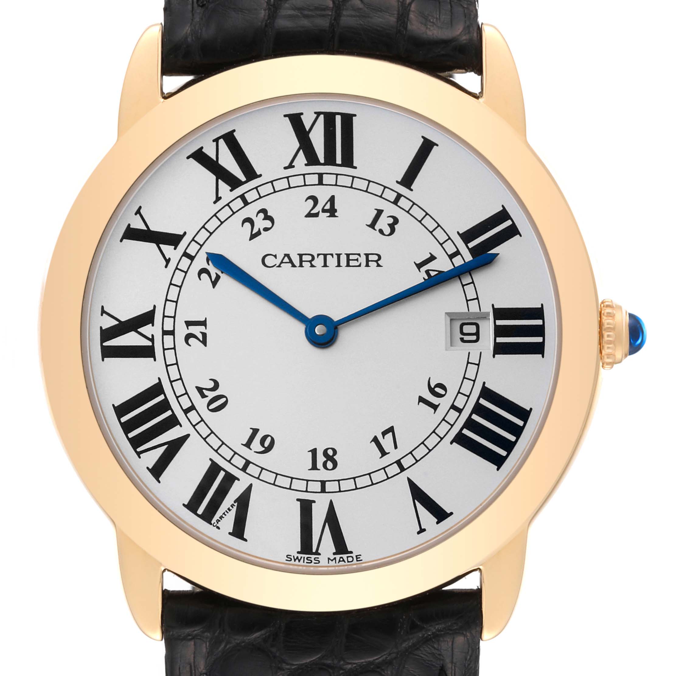 The image shows a front view of the Cartier Ronde W6700455 Men
s Steel and Gold (two tone) Silver Dial W6700455 Men
s Steel and Gold (two tone) Silver Dial model watch, highlighting its face, Roman numeral markers, and date window.