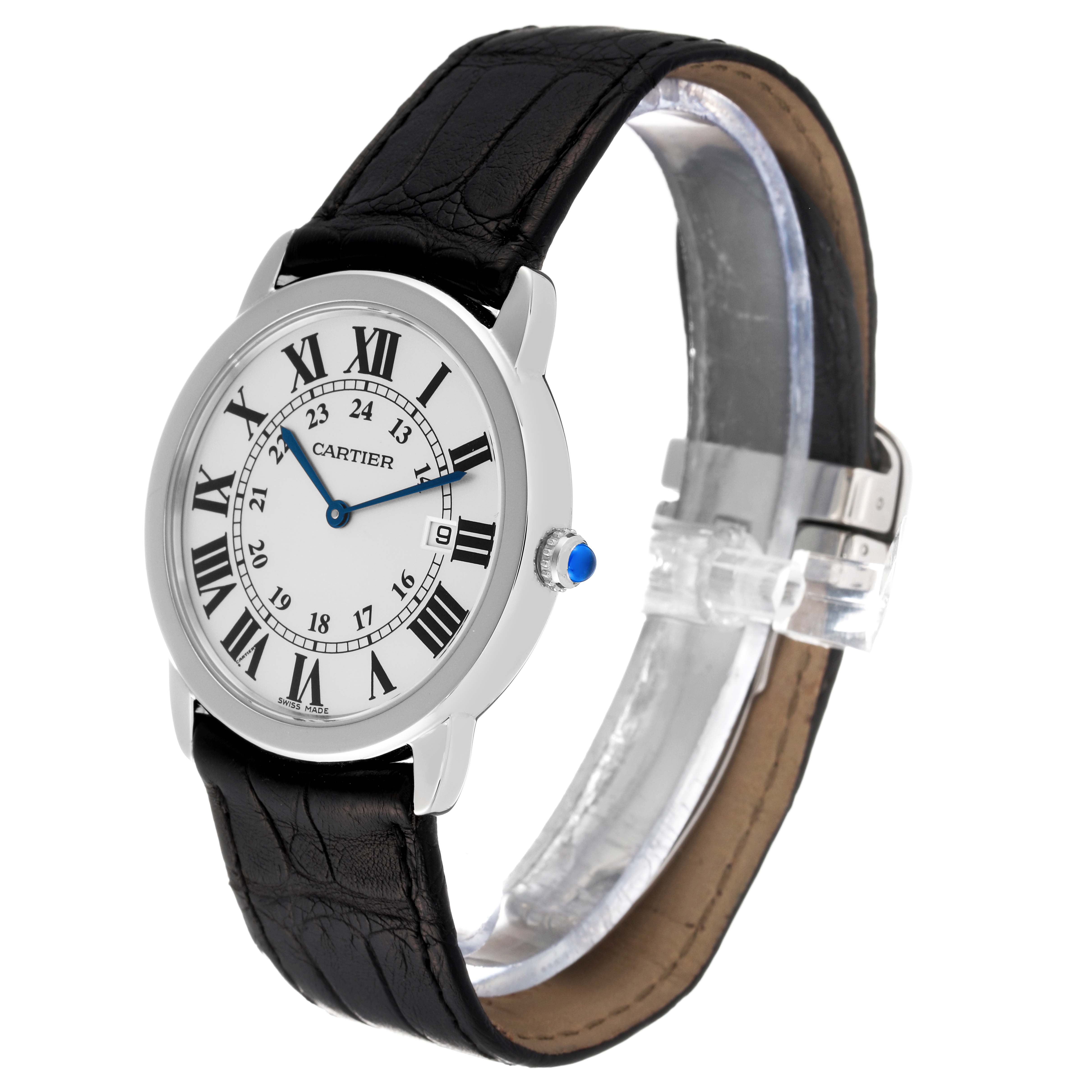 The image shows a Cartier Ronde WSRN0029 Women
s Stainless Steel Silver Dial WSRN0029 Women
s Stainless Steel Silver Dial watch angled slightly to display the face, black leather strap, and side crown.