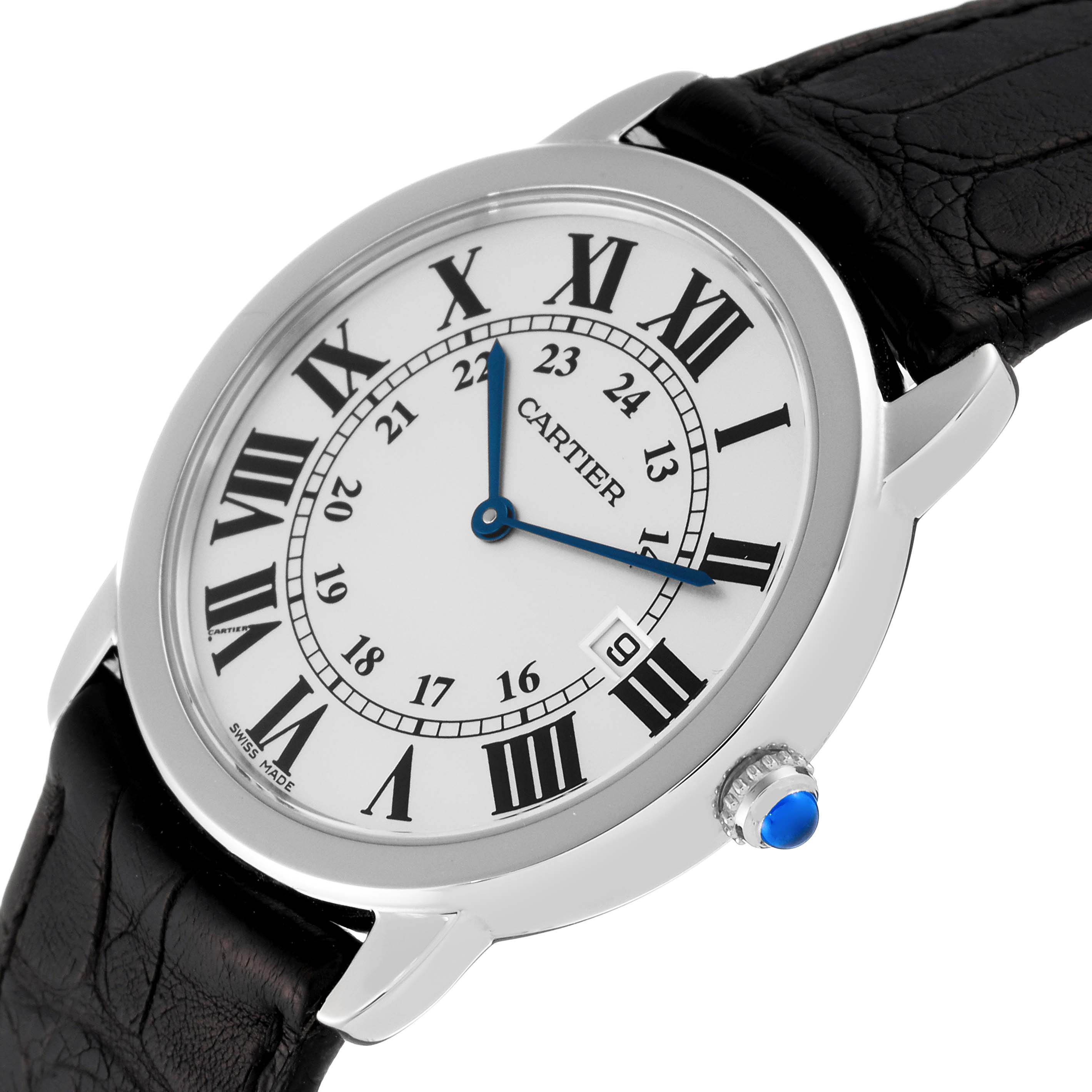 The Cartier Ronde WSRN0029 Women
s Stainless Steel Silver Dial WSRN0029 Women
s Stainless Steel Silver Dial model watch is shown at an angle highlighting its face, bezel, crown, and leather strap.