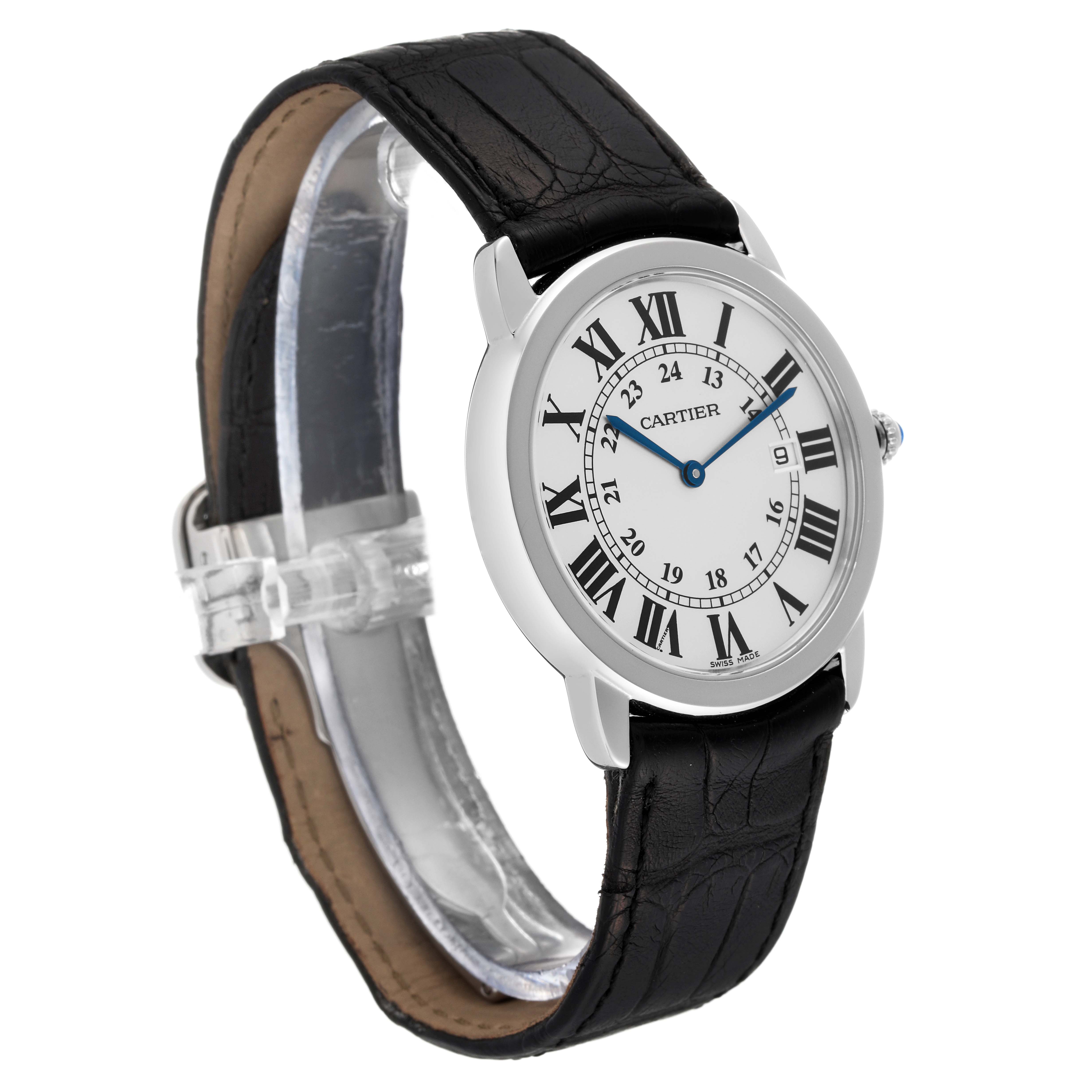 The Cartier Ronde WSRN0029 Women
s Stainless Steel Silver Dial WSRN0029 Women
s Stainless Steel Silver Dial watch is shown at a slight angle, featuring its black leather strap and white dial with Roman numeral markers.