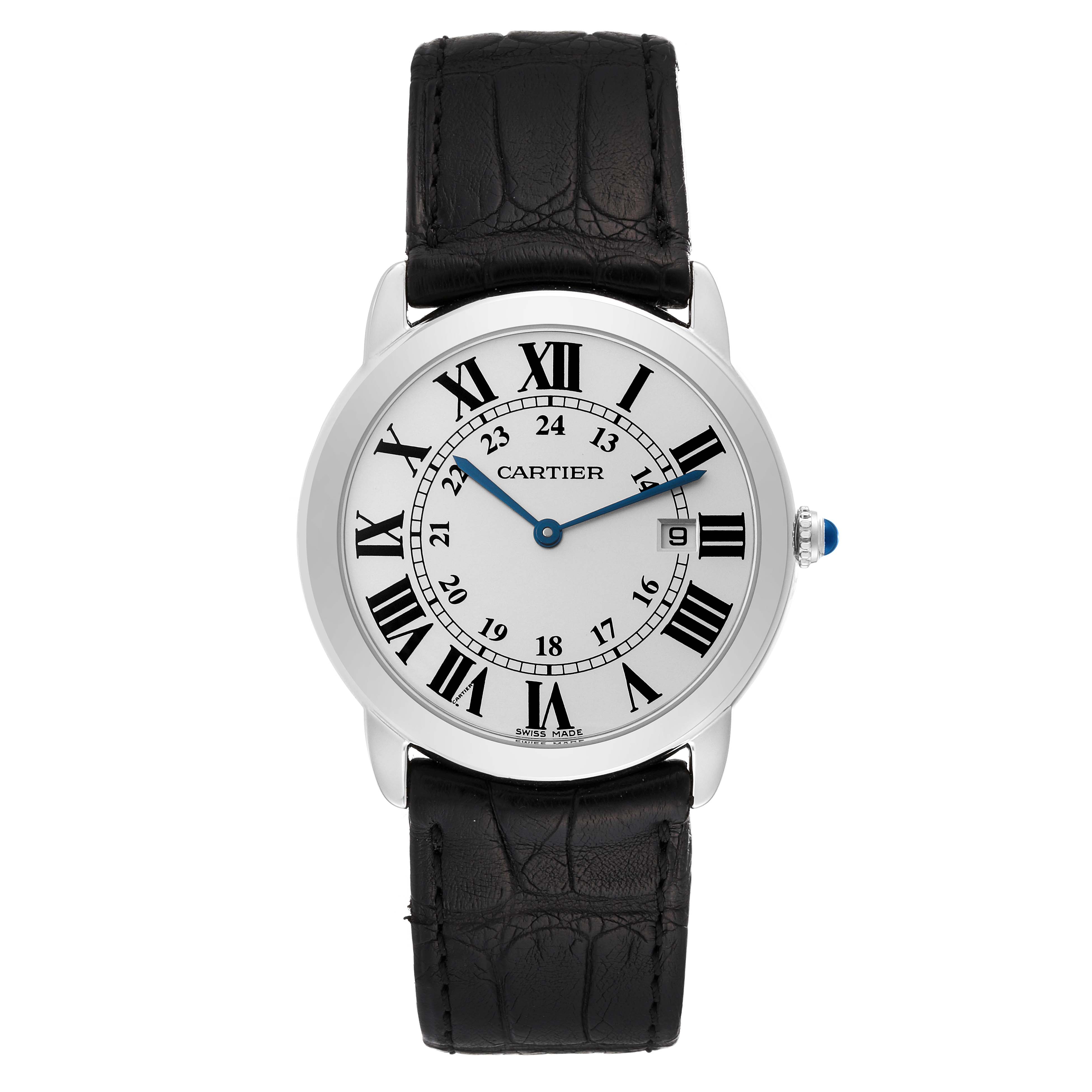 The Ronde model by Cartier is shown from a front view, highlighting its dial, hands, crown, and leather strap.