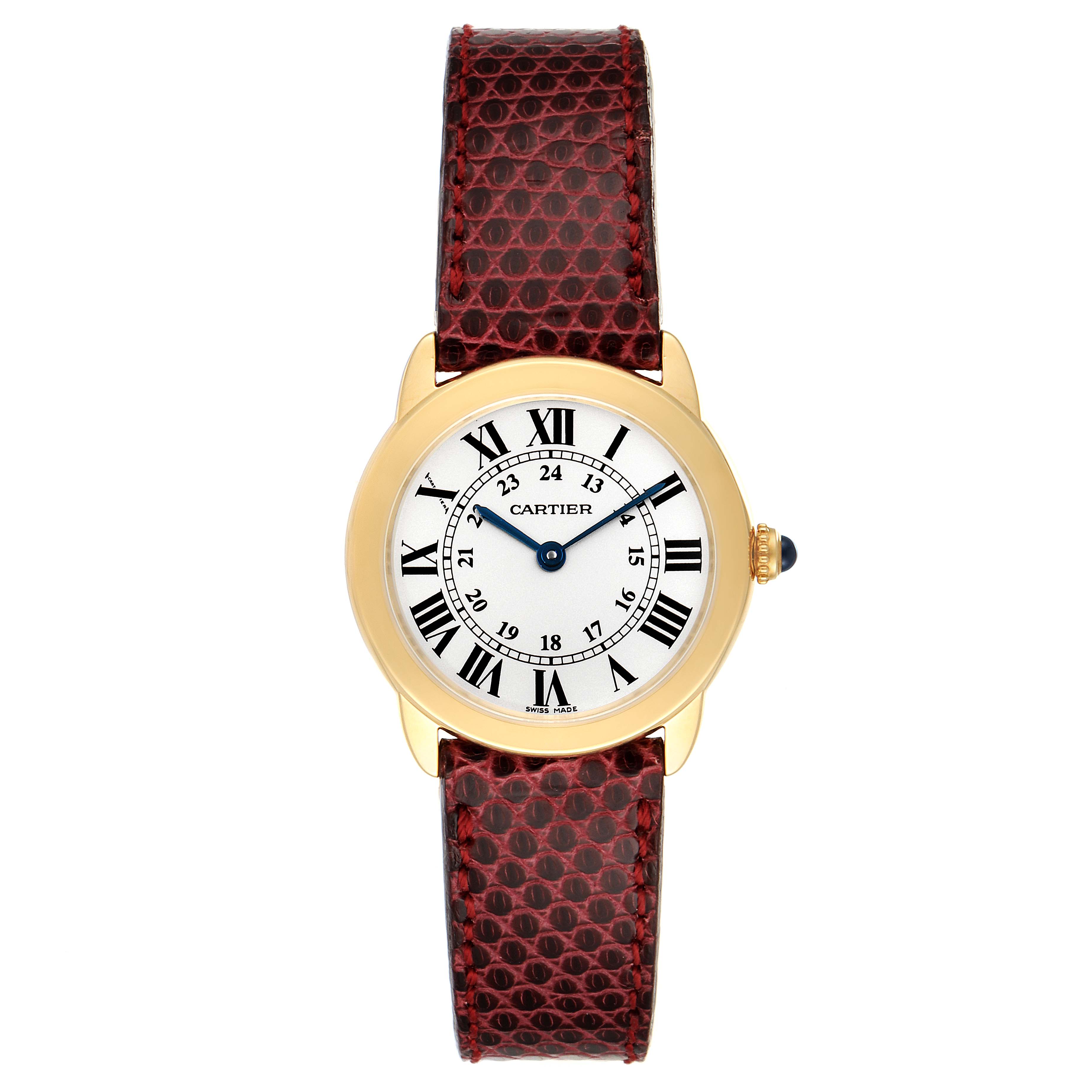 The image shows a Cartier Ronde W6700355 Women's Yellow Gold Silver Dial W6700355 Women's Yellow Gold Silver Dial watch from a front view, displaying its face, bezel, and leather strap.