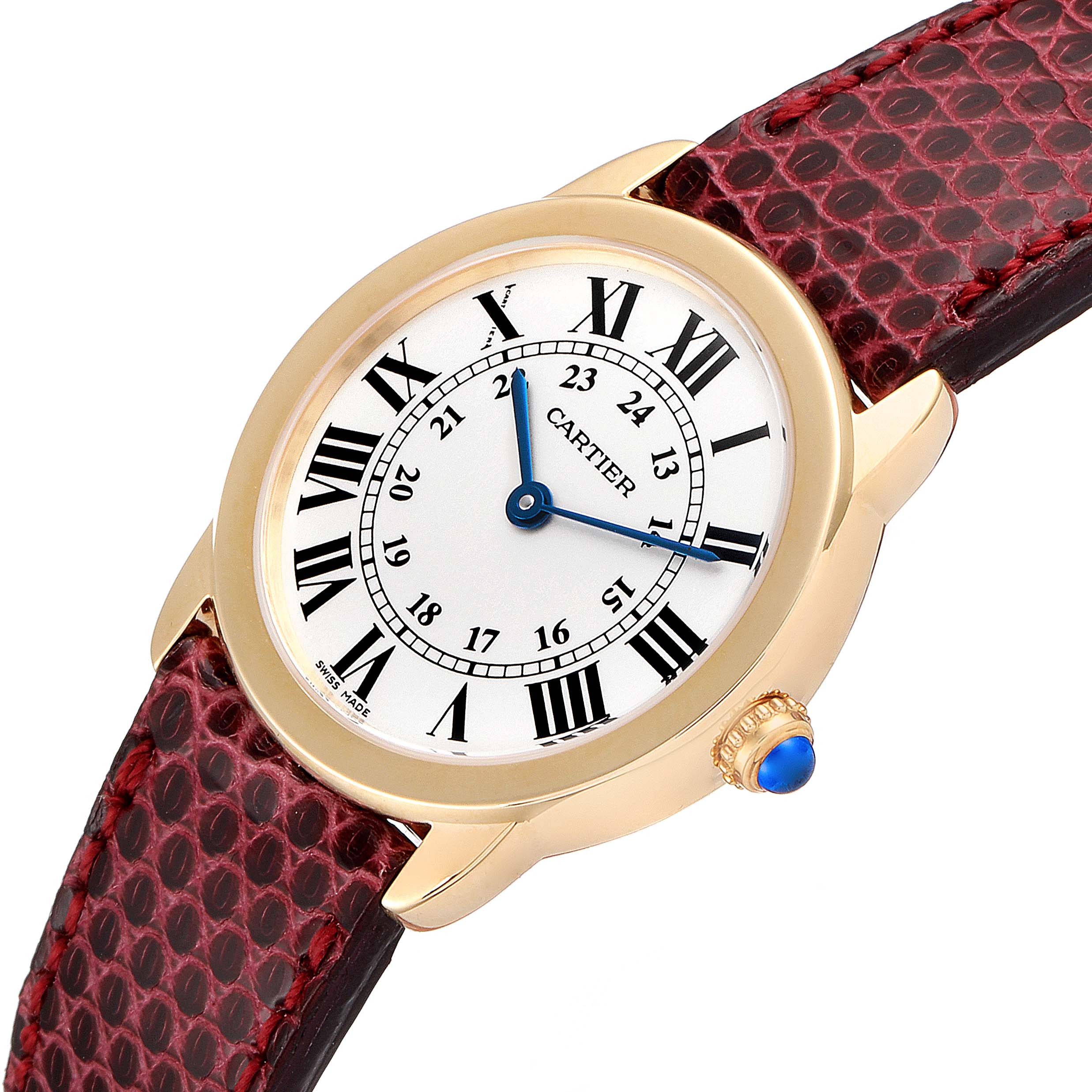 The Cartier Ronde W6700355 Women's Yellow Gold Silver Dial W6700355 Women's Yellow Gold Silver Dial watch is shown from an angled top-down view, featuring its face, case, crown, and leather strap.