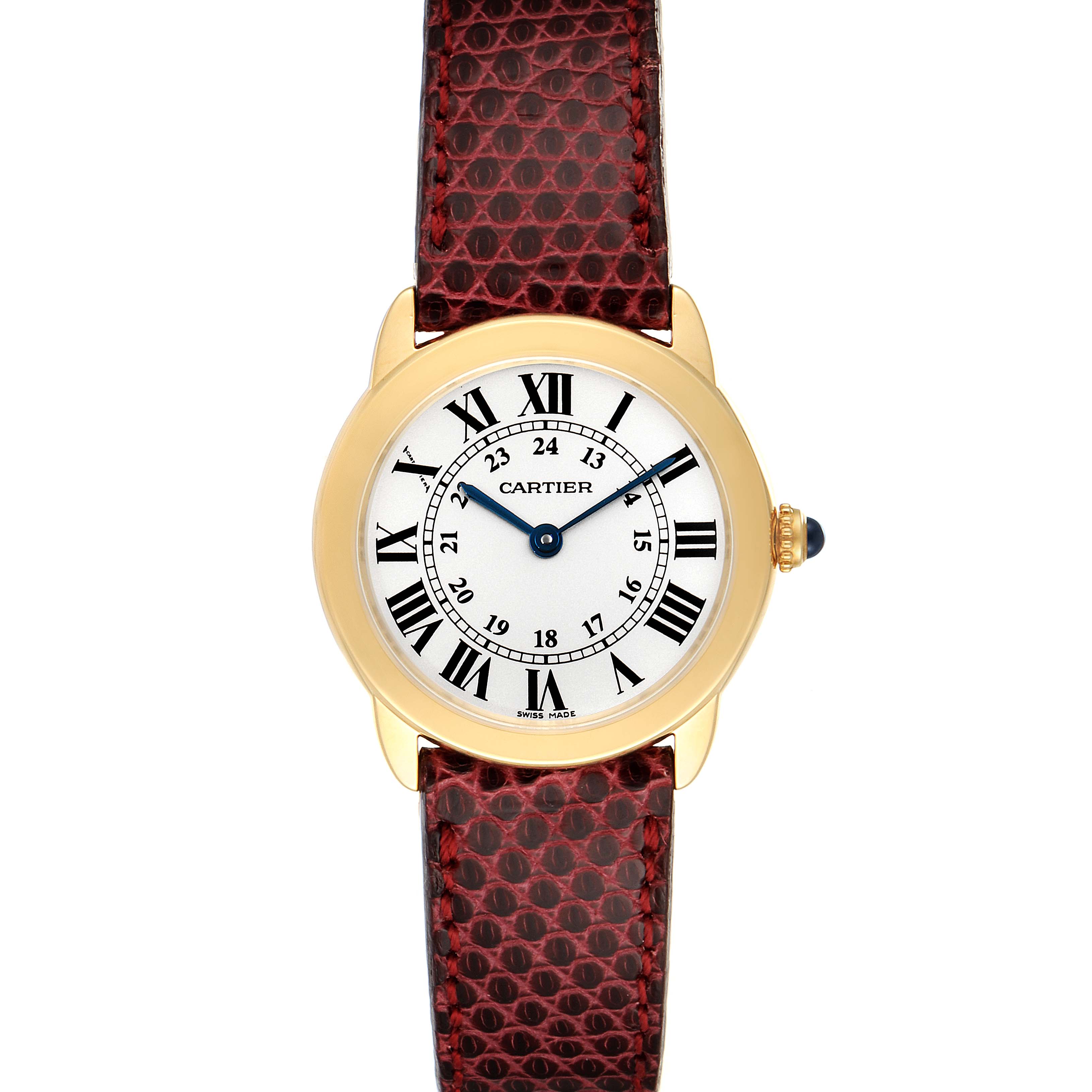 This Cartier Ronde W6700355 Women's Yellow Gold Silver Dial W6700355 Women's Yellow Gold Silver Dial model watch is shown from the front, displaying its dial, case, crown, and strap.
