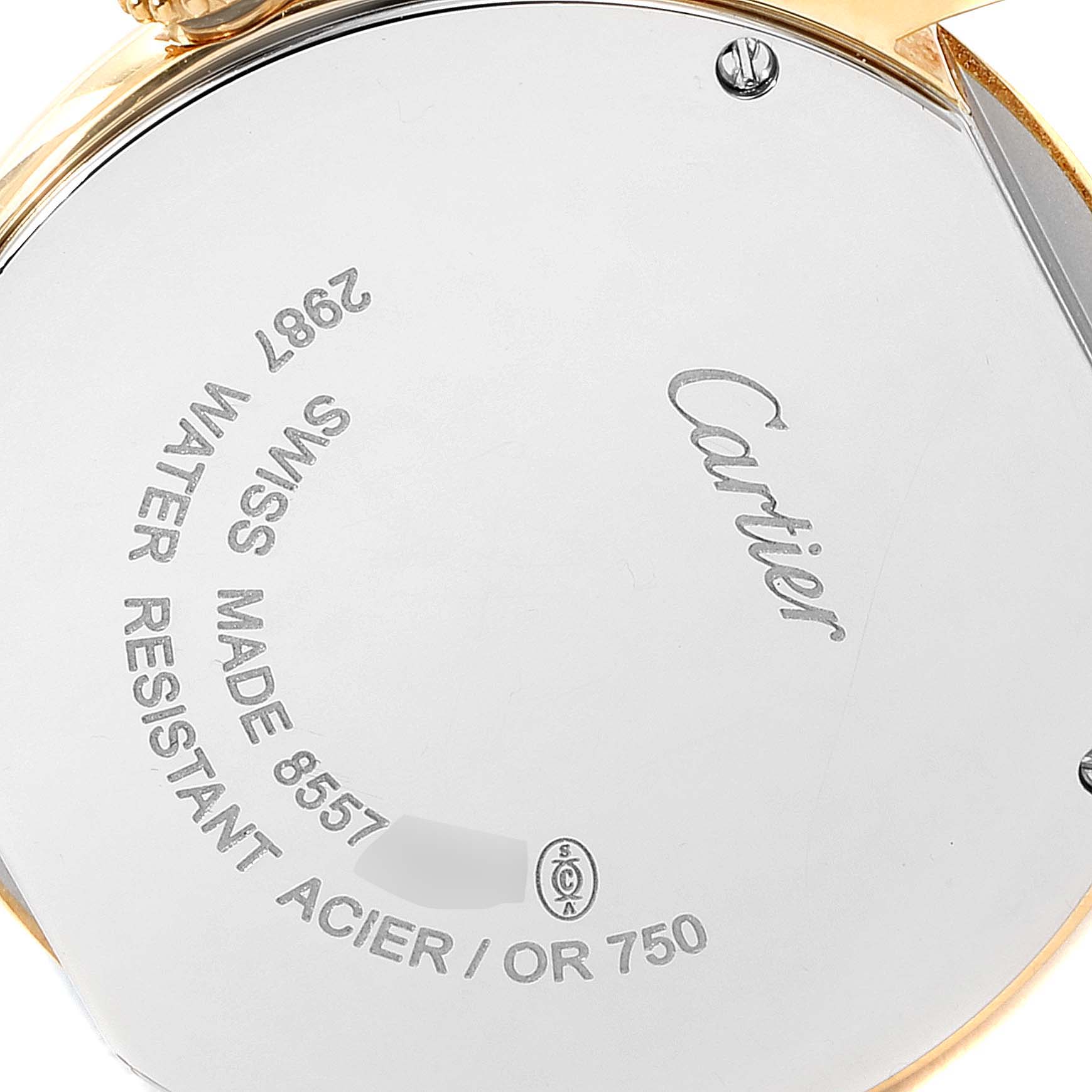 This image shows the back case of the Ronde model watch by Cartier, which includes inscriptions for water resistance and material details.