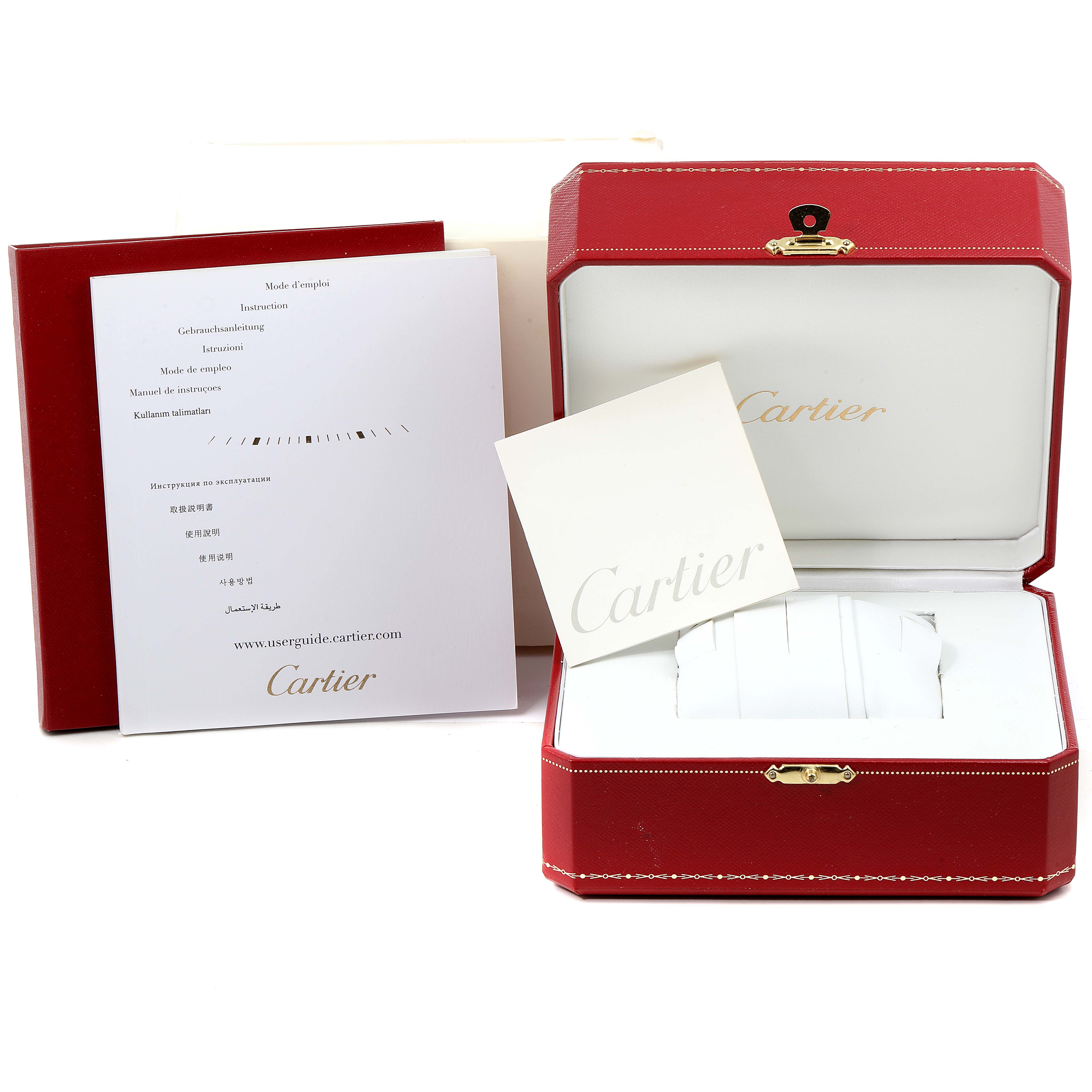 The image shows the packaging, instructions, and a display box for a Cartier Ronde W6700355 Women's Yellow Gold Silver Dial W6700355 Women's Yellow Gold Silver Dial model watch.