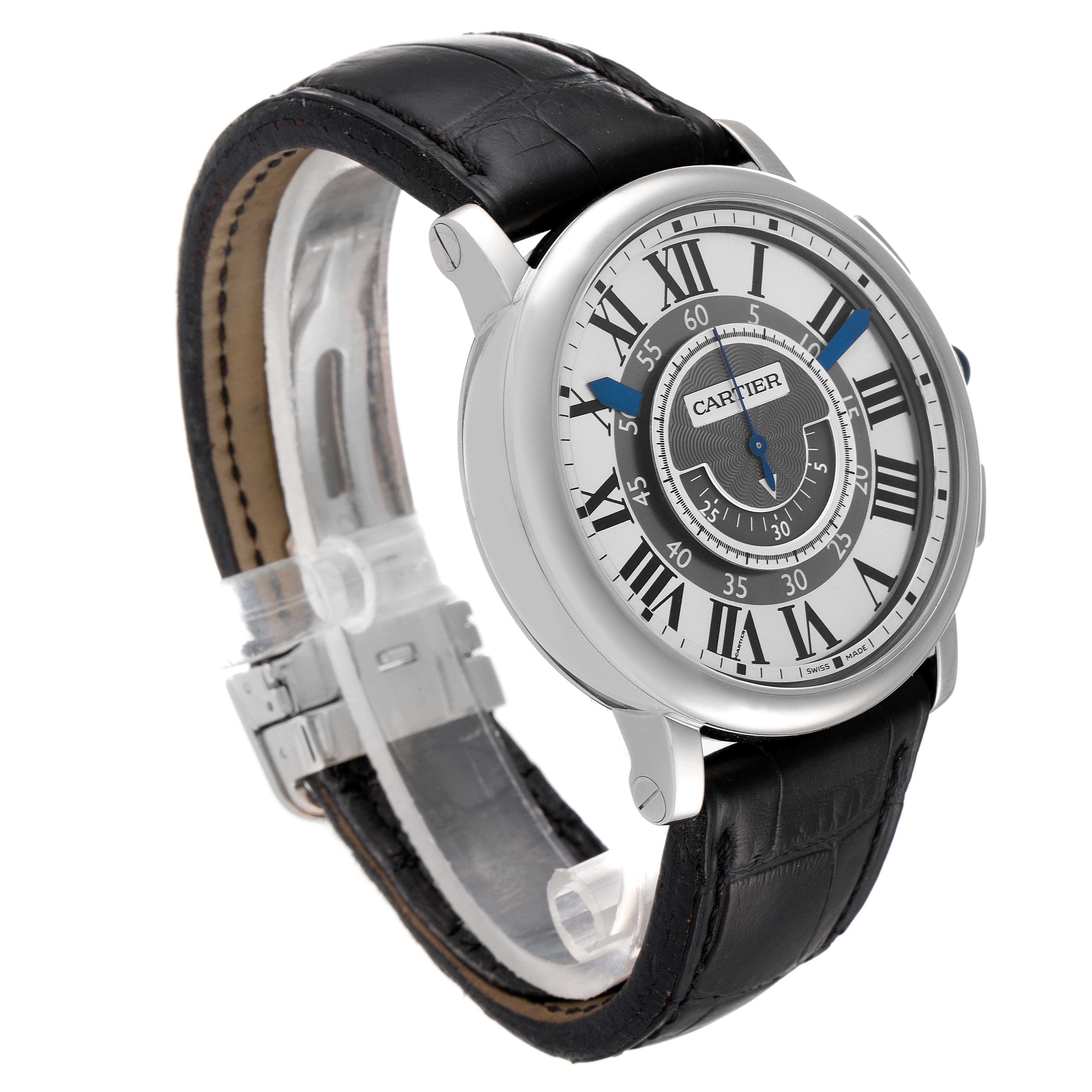 The Cartier Ronde W1556051 Men's White Gold Grey Dial W1556051 Men's White Gold Grey Dial watch is shown at a slight angle, highlighting its dial, bezel, case, and leather strap.