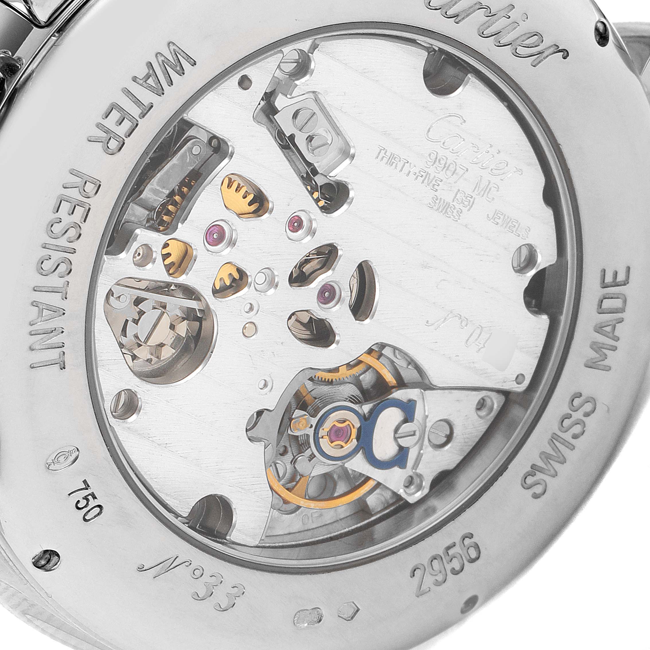 The image shows the back view of the Cartier Ronde W1556051 Men's White Gold Grey Dial W1556051 Men's White Gold Grey Dial model watch, displaying the intricate internal movement and engravings.