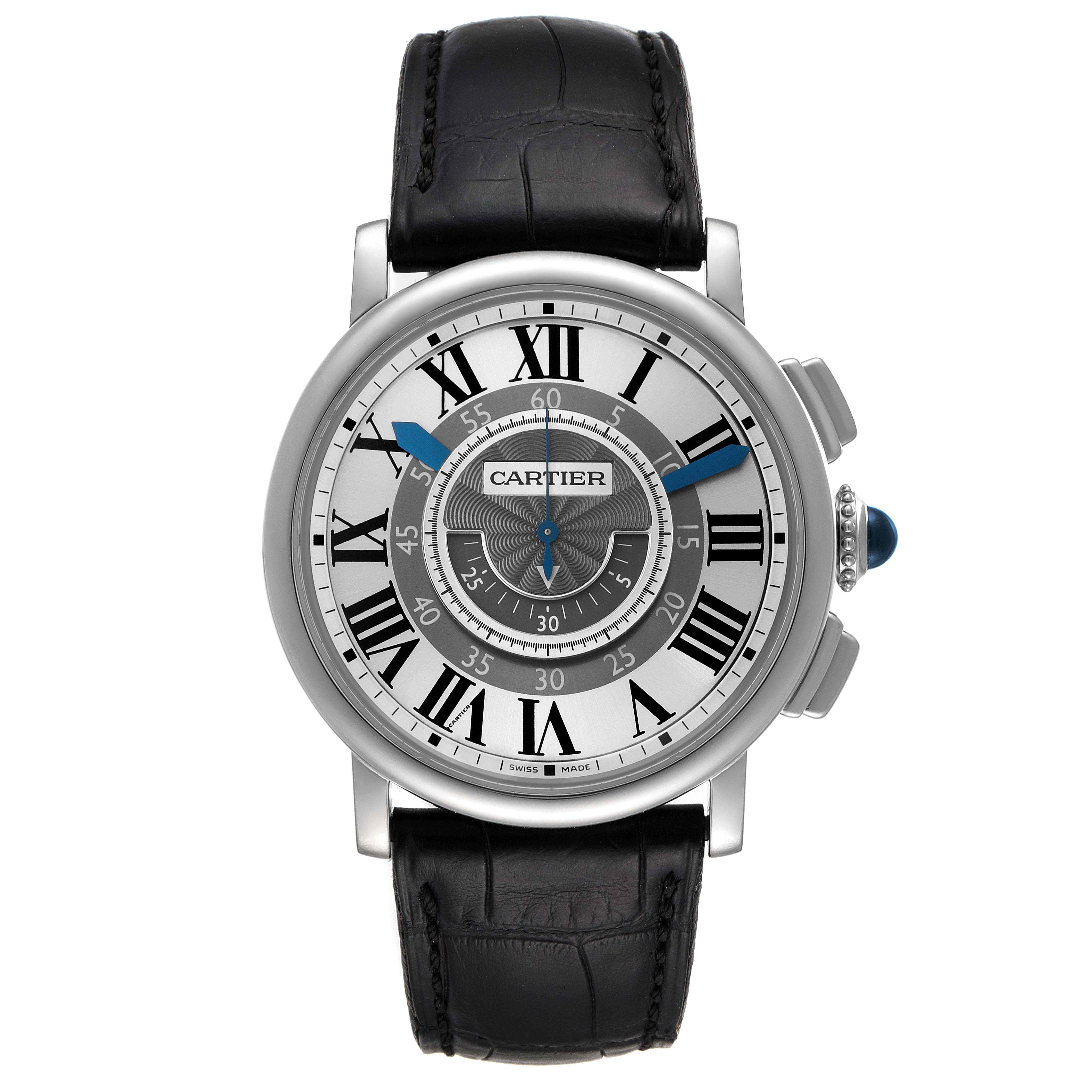 This image shows a front view of the Cartier Ronde W1556051 Men's White Gold Grey Dial W1556051 Men's White Gold Grey Dial watch, highlighting its Roman numeral dial and black leather strap.