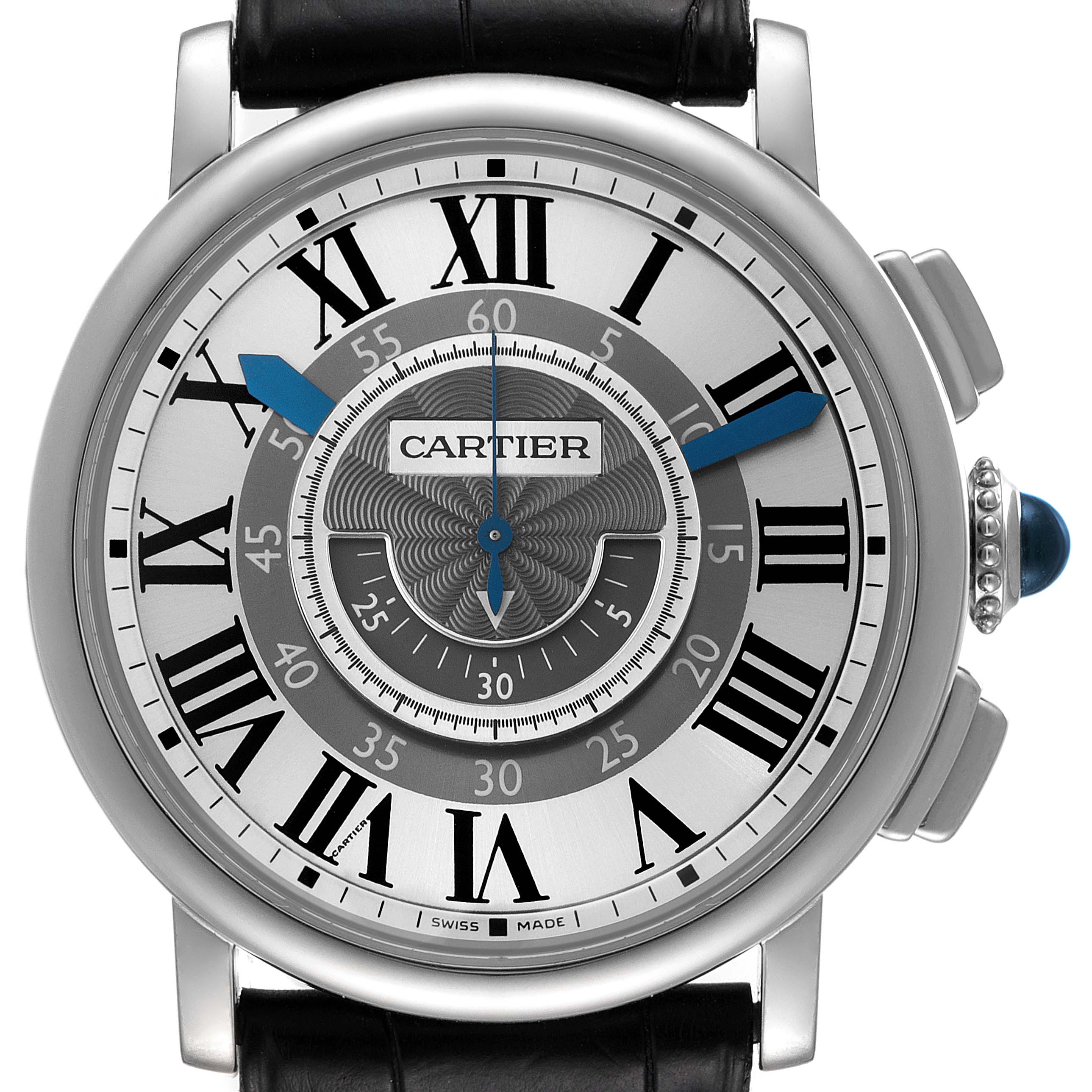 The image shows a Cartier Ronde W1556051 Men's White Gold Grey Dial W1556051 Men's White Gold Grey Dial watch face with Roman numerals, blue hands, and a black leather strap from a front angle.
