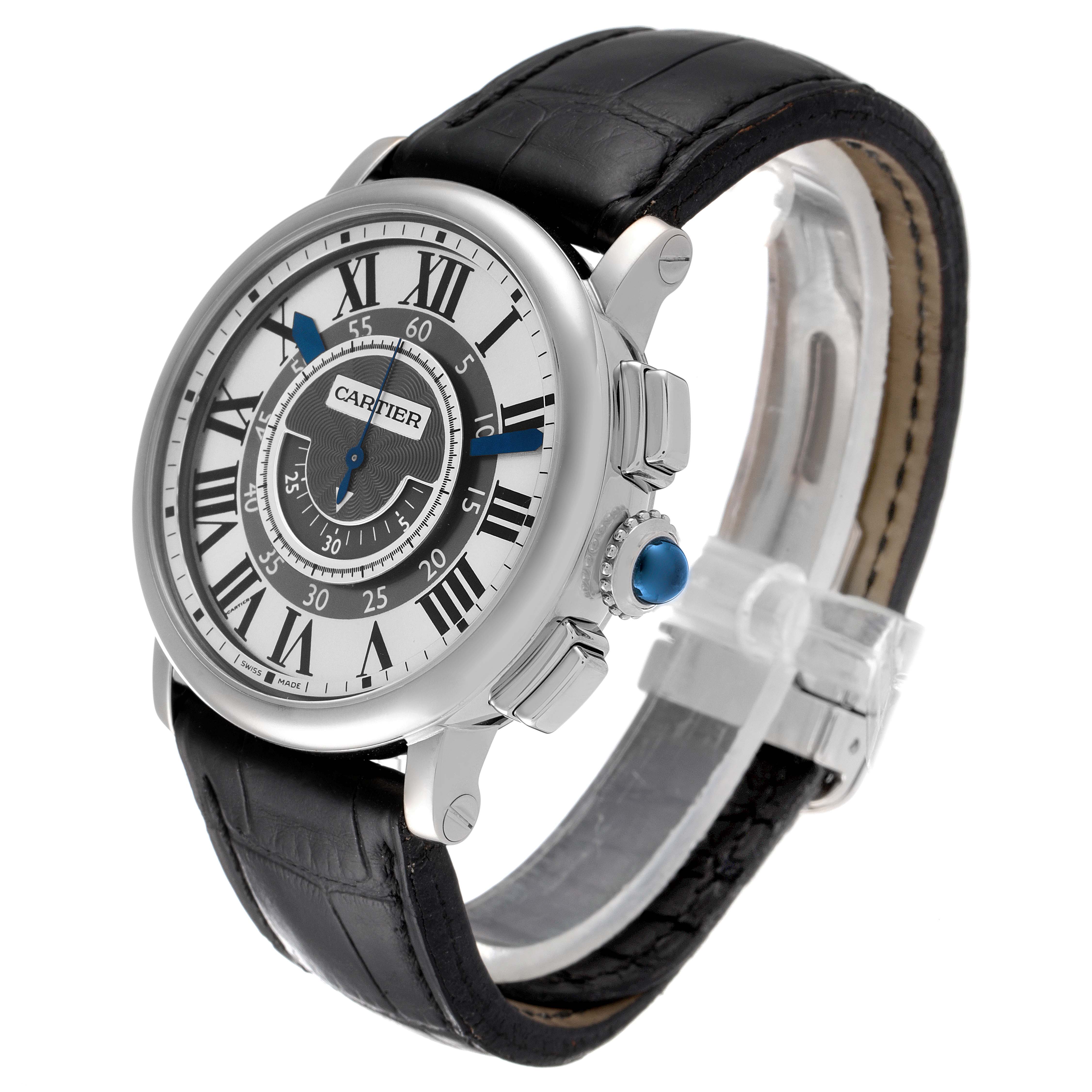 The Cartier Ronde W1556051 Men's White Gold Grey Dial W1556051 Men's White Gold Grey Dial model watch is shown at an angled side view, displaying the face, bezel, crown, and part of the strap.