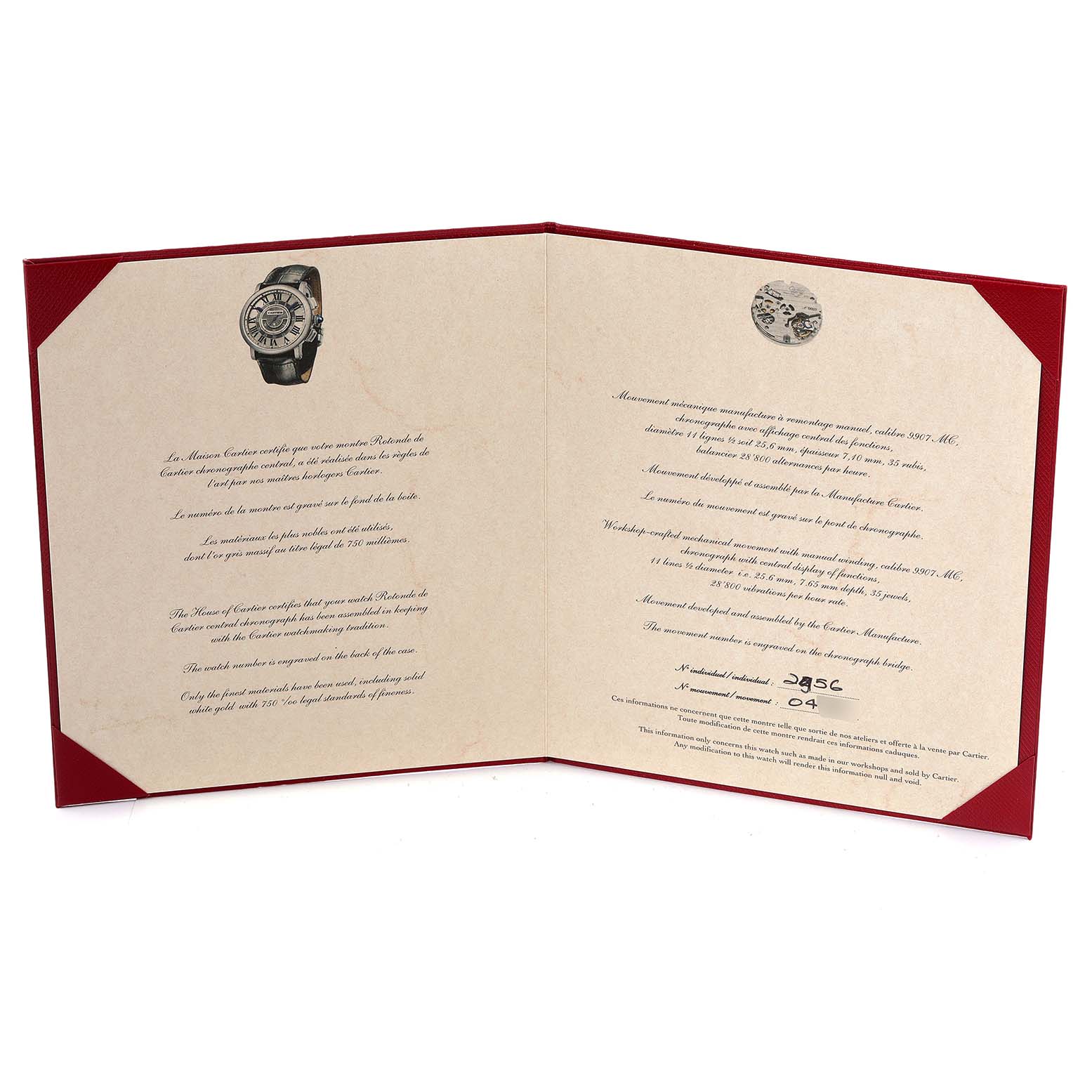 The image shows an open booklet with a description and an illustration of the Cartier Ronde W1556051 Men's White Gold Grey Dial W1556051 Men's White Gold Grey Dial model watch on the left.