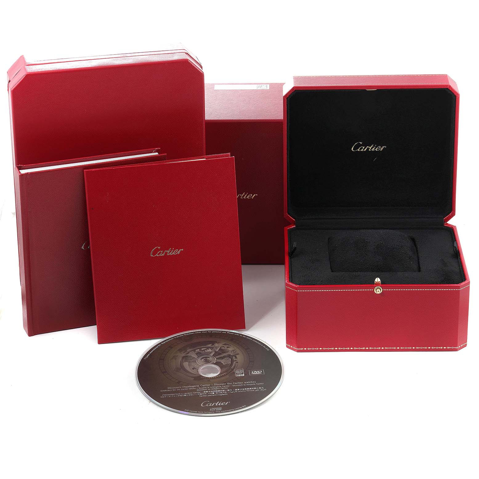The image displays the packaging, box, booklet, and CD for the Cartier Ronde W1556051 Men's White Gold Grey Dial W1556051 Men's White Gold Grey Dial model watch.