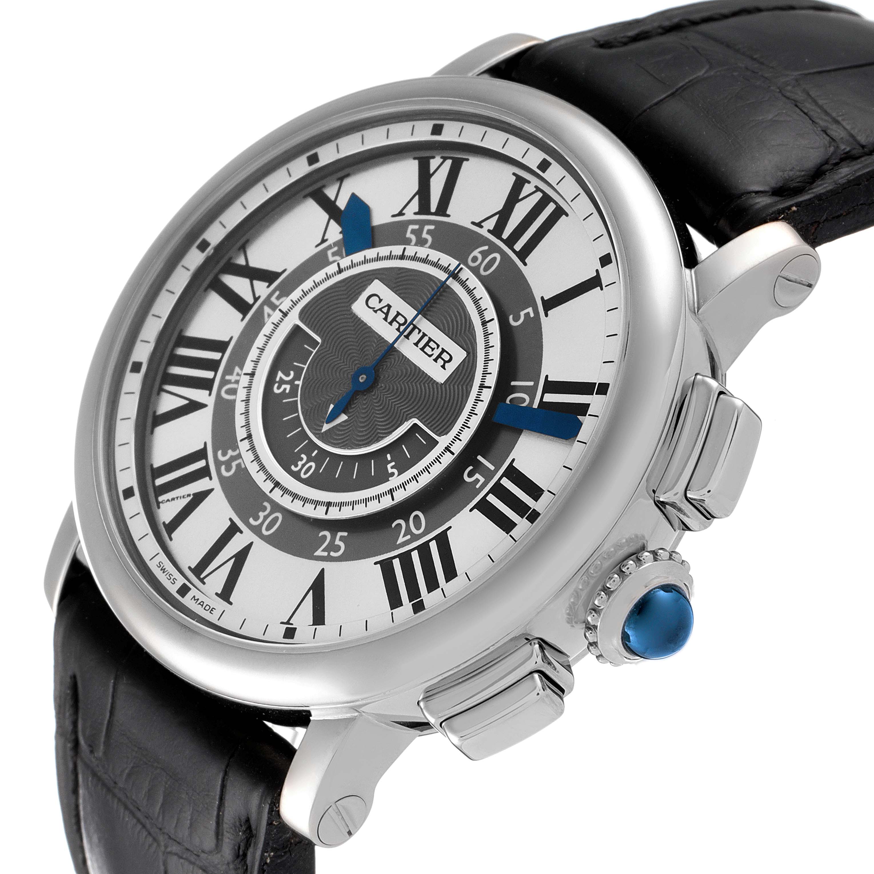 The image shows a Cartier Ronde W1556051 Men's White Gold Grey Dial W1556051 Men's White Gold Grey Dial model watch at an angled view, highlighting the watch face, case, crown, and black leather strap.