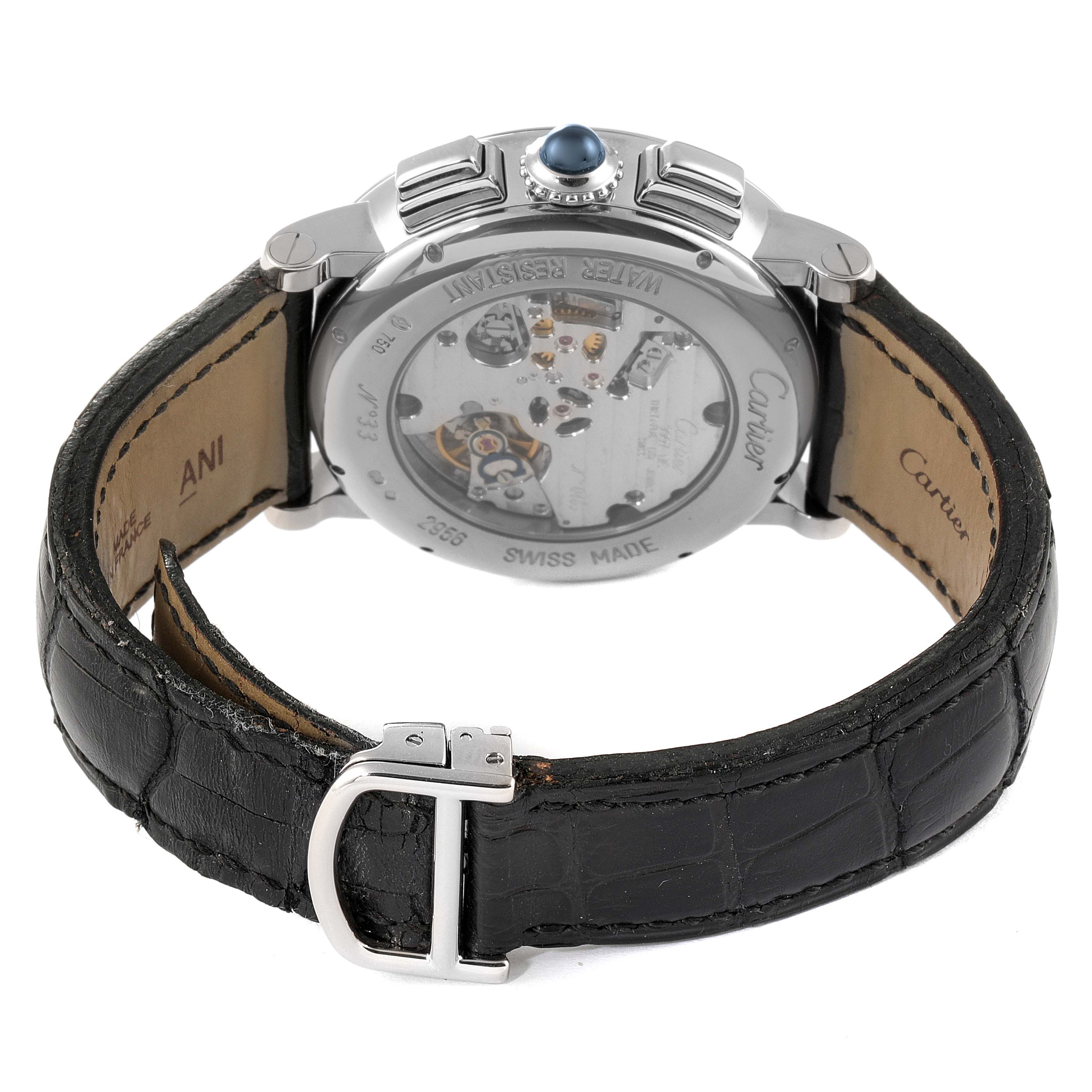 The image shows the back view of the Cartier Ronde W1556051 Men's White Gold Grey Dial W1556051 Men's White Gold Grey Dial watch, focusing on the movement and the leather strap.