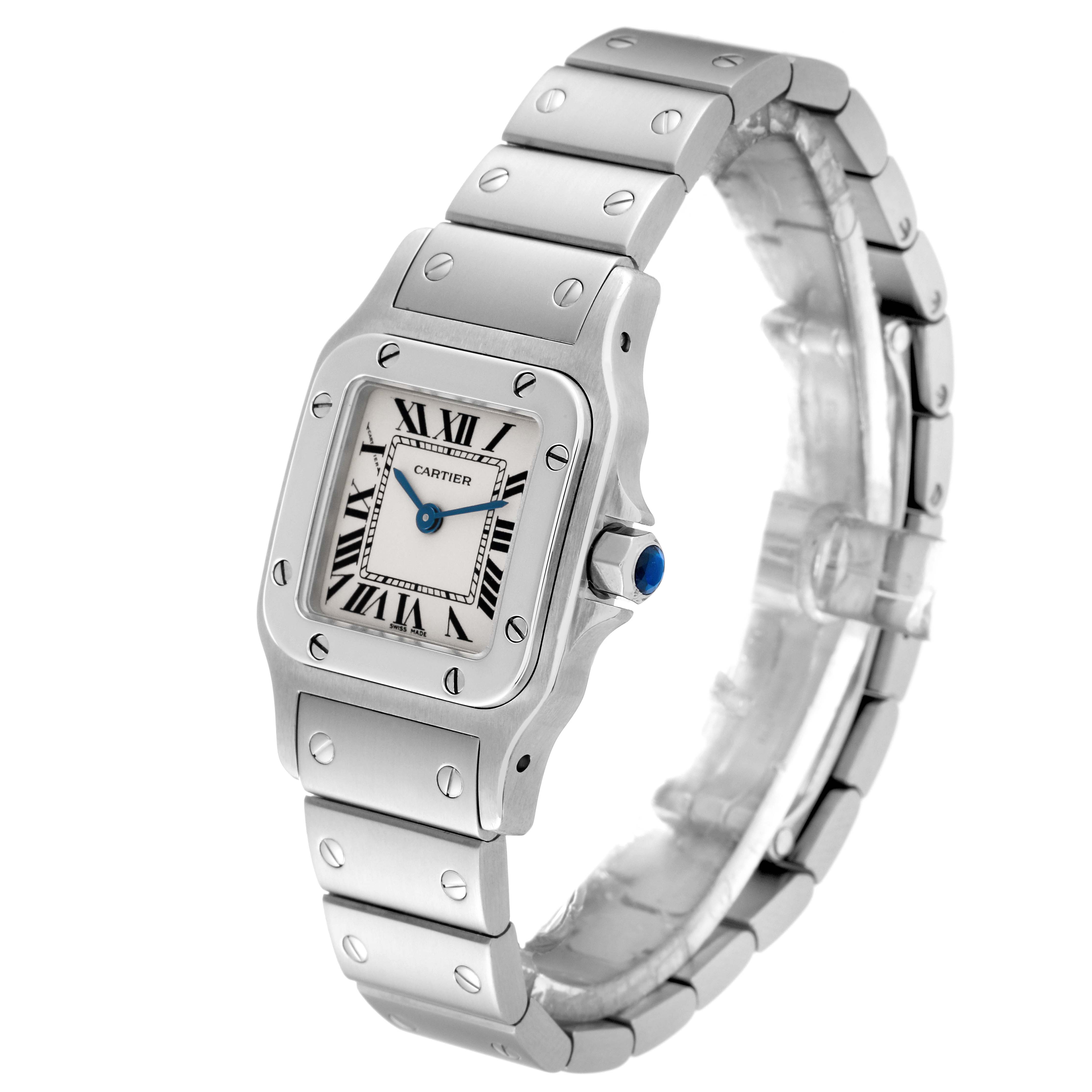 The image shows a stainless steel Cartier Santos W20056D6 Women
s Stainless Steel Silver Dial W20056D6 Women
s Stainless Steel Silver Dial watch at a slight angle, highlighting the face, bezel, and bracelet.